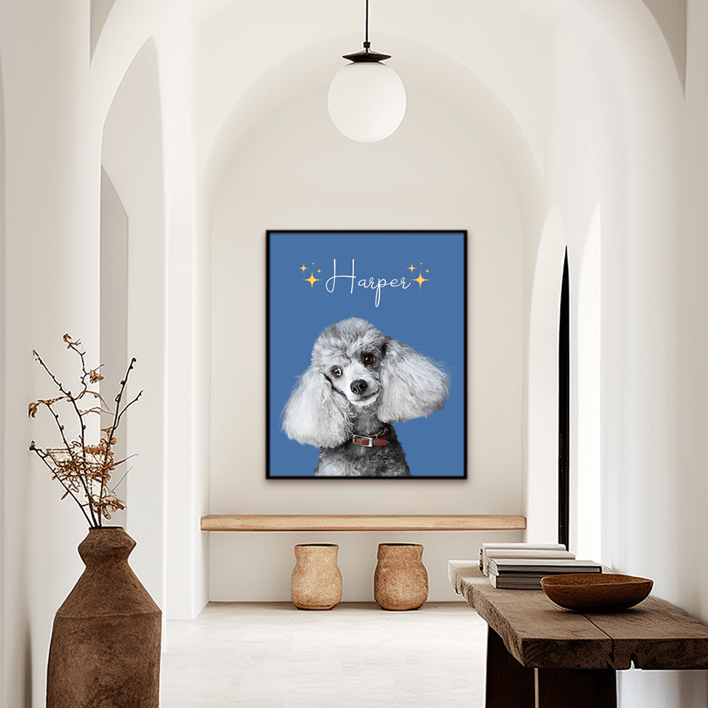 Custom minimal pet portrait hallway wall art. Poodle with the pet's name at the top of the poster. Name at the top of poster with yellow stars on each side of the name. Poster background is blue.