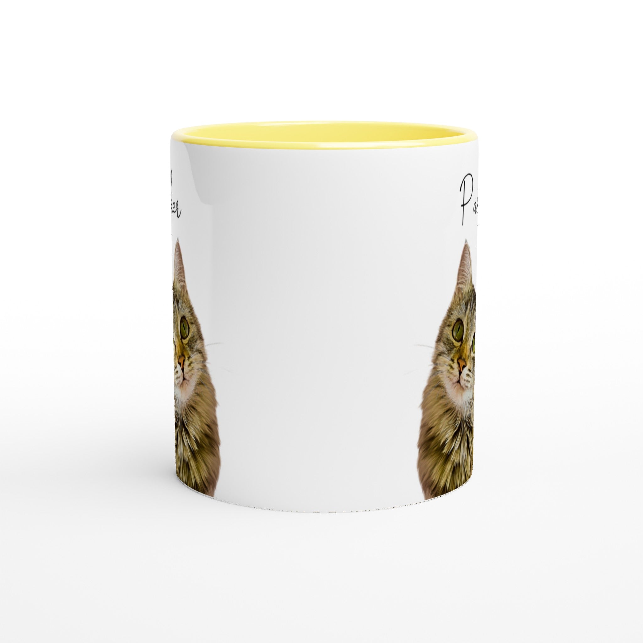 Custom pet portrait mug. Tabby cat with pet name above cat with yellow mug interior.