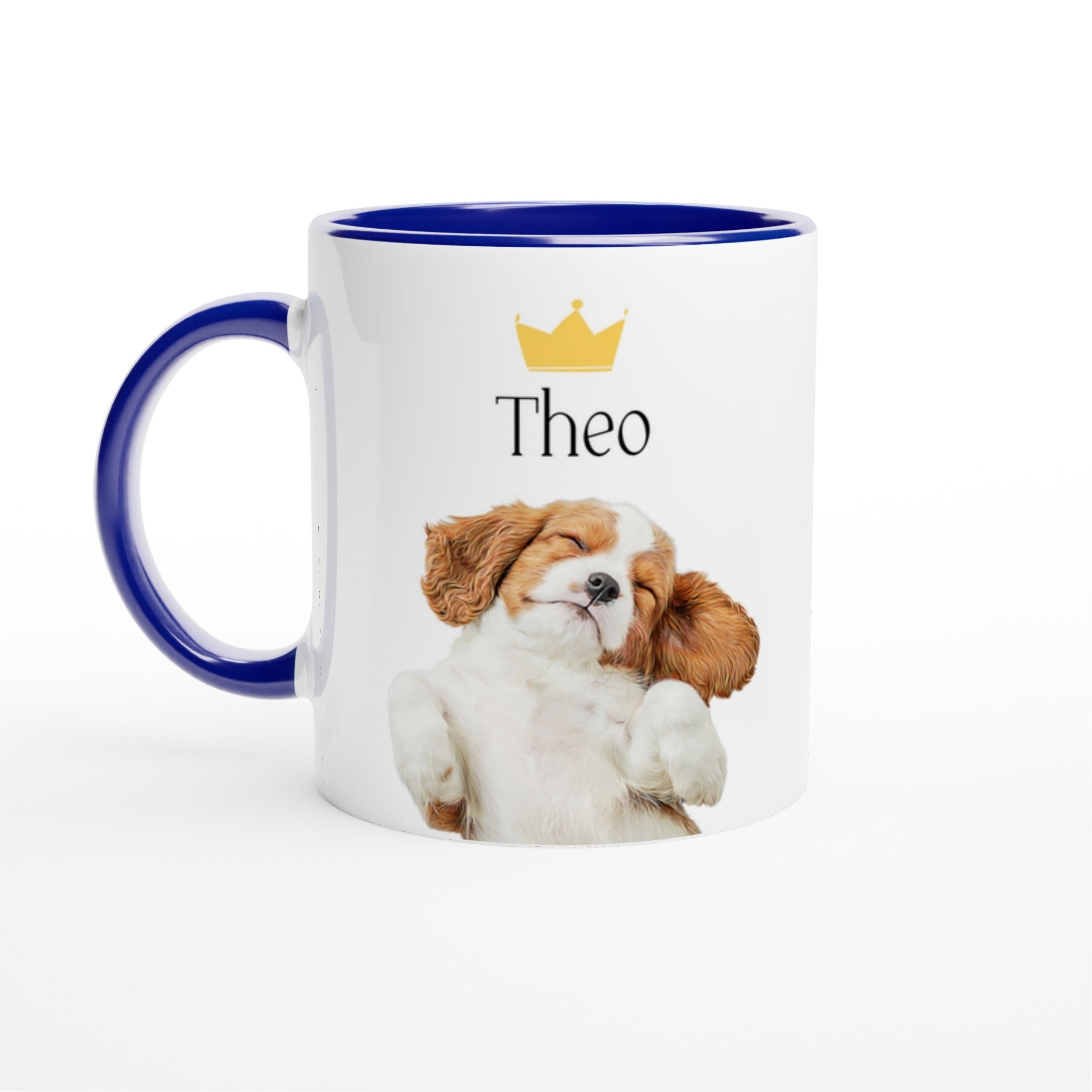 Custom pet portrait mug. Spanish Cavalier King Charles Spaniel with pet name above dog. Crown above pet name. 