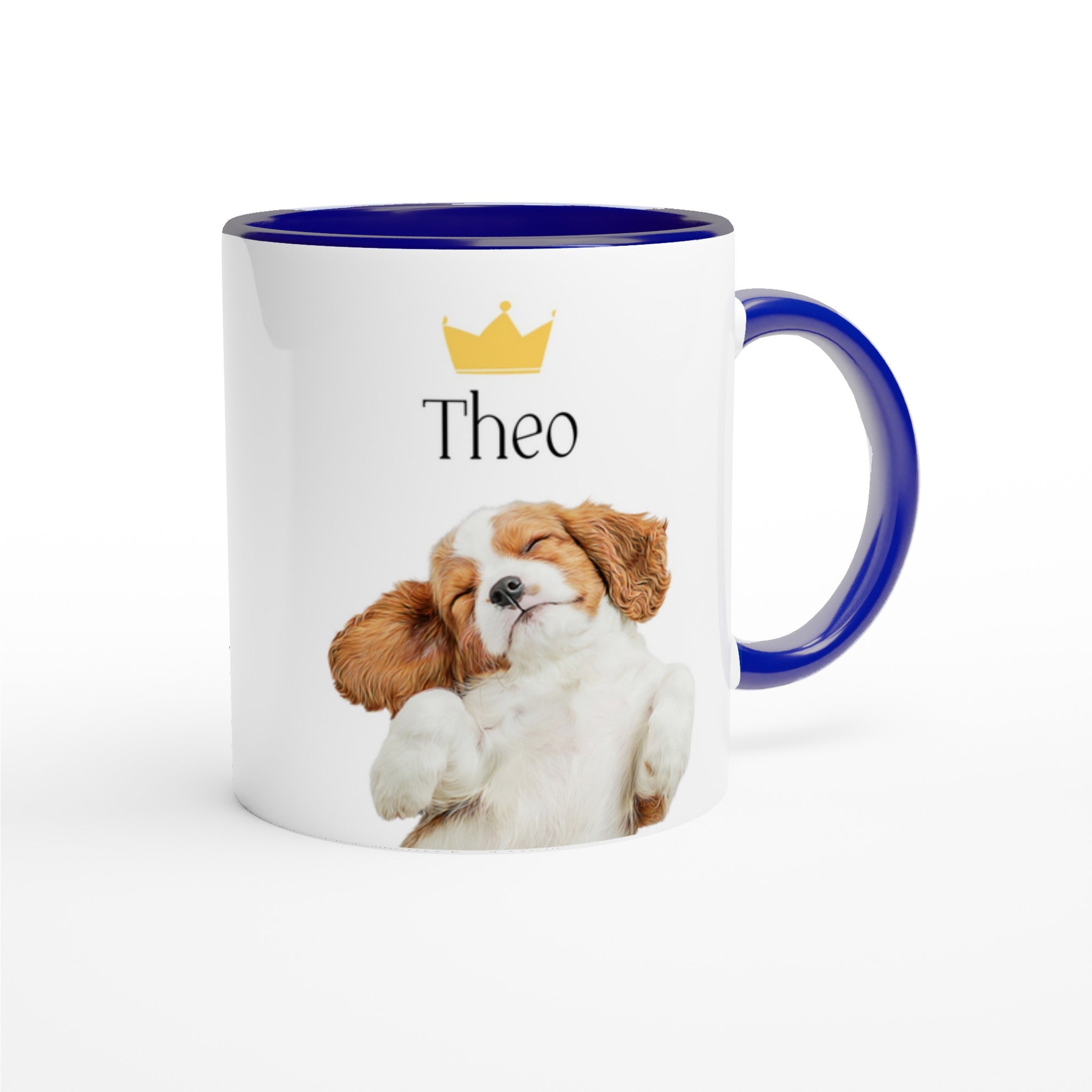 Custom pet portrait mug. Spanish Cavalier King Charles Spaniel with pet name above dog. Crown above pet name. 