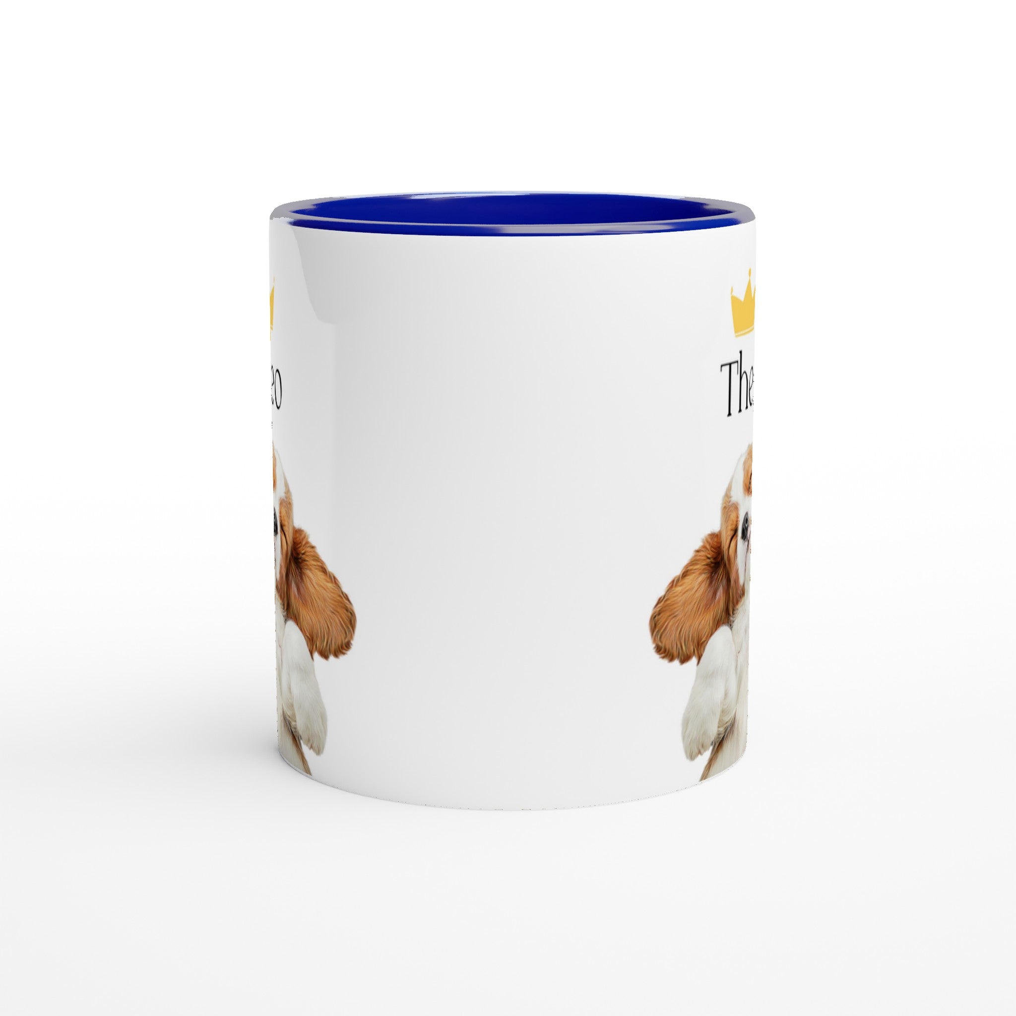 Custom pet portrait mug. Spanish Cavalier King Charles Spaniel with pet name above dog. Crown above pet name. 