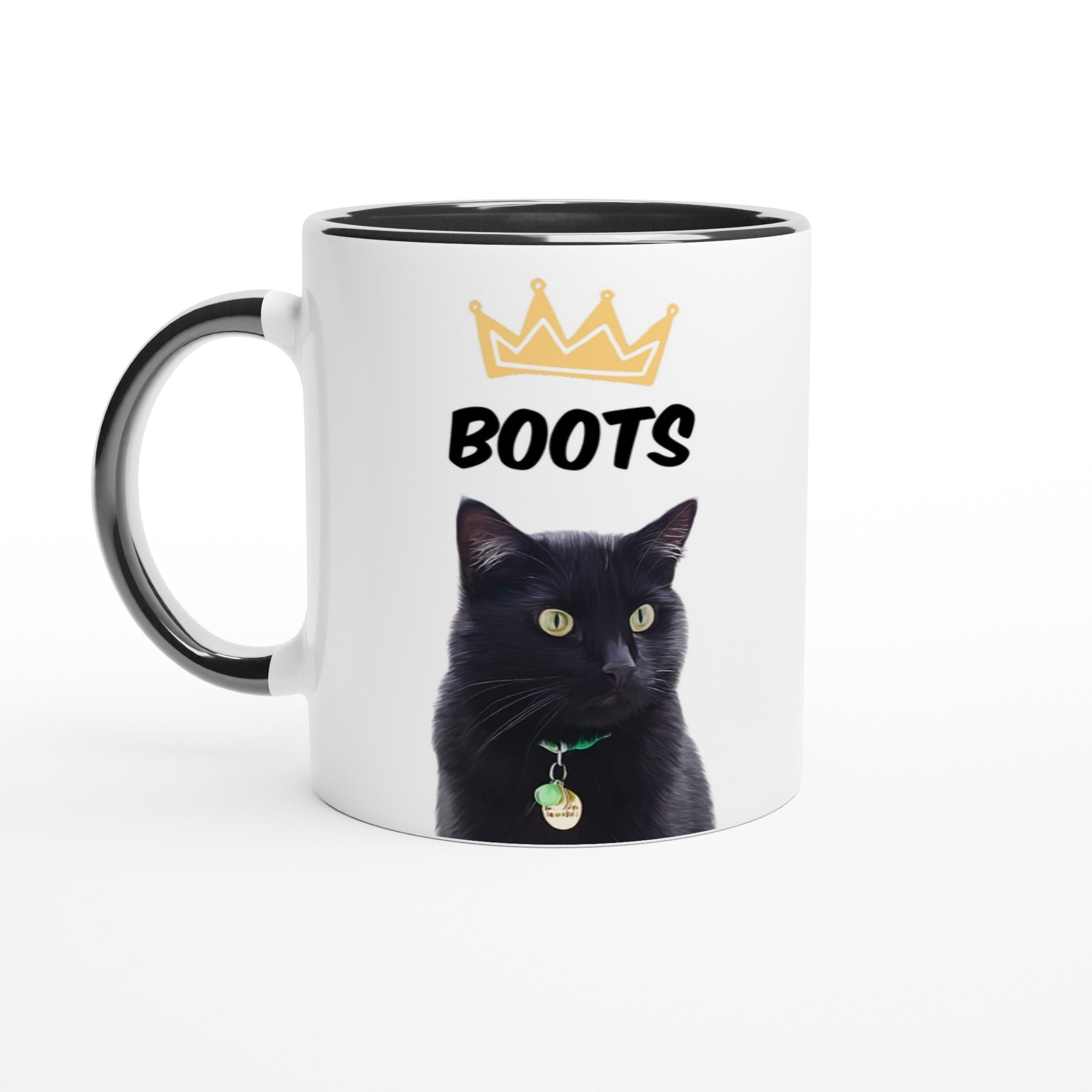 Custom pet portrait mug. Black cat with pet name above cat. Crown above cat name.