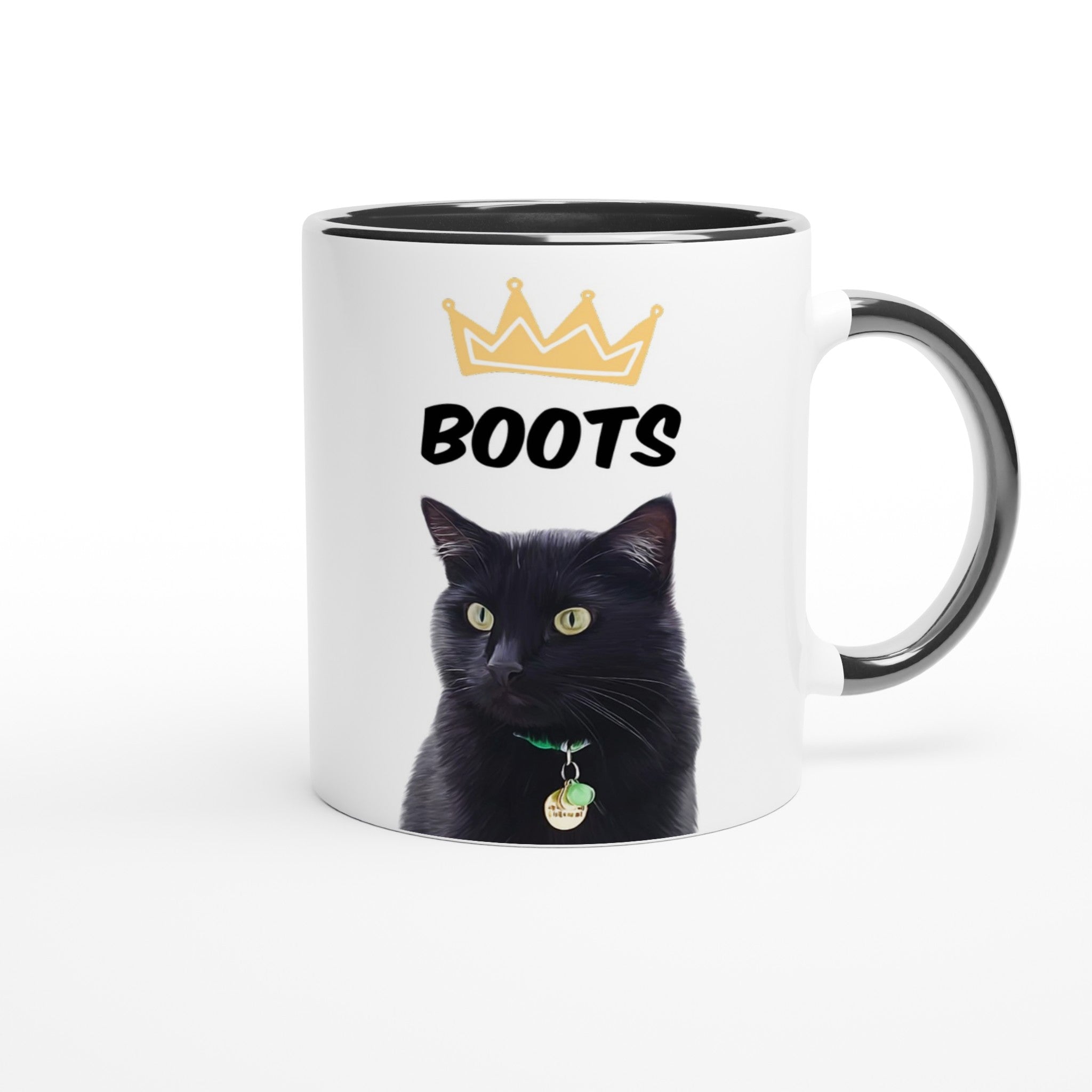 Custom pet portrait mug. Black cat with pet name above cat. Crown above cat name.