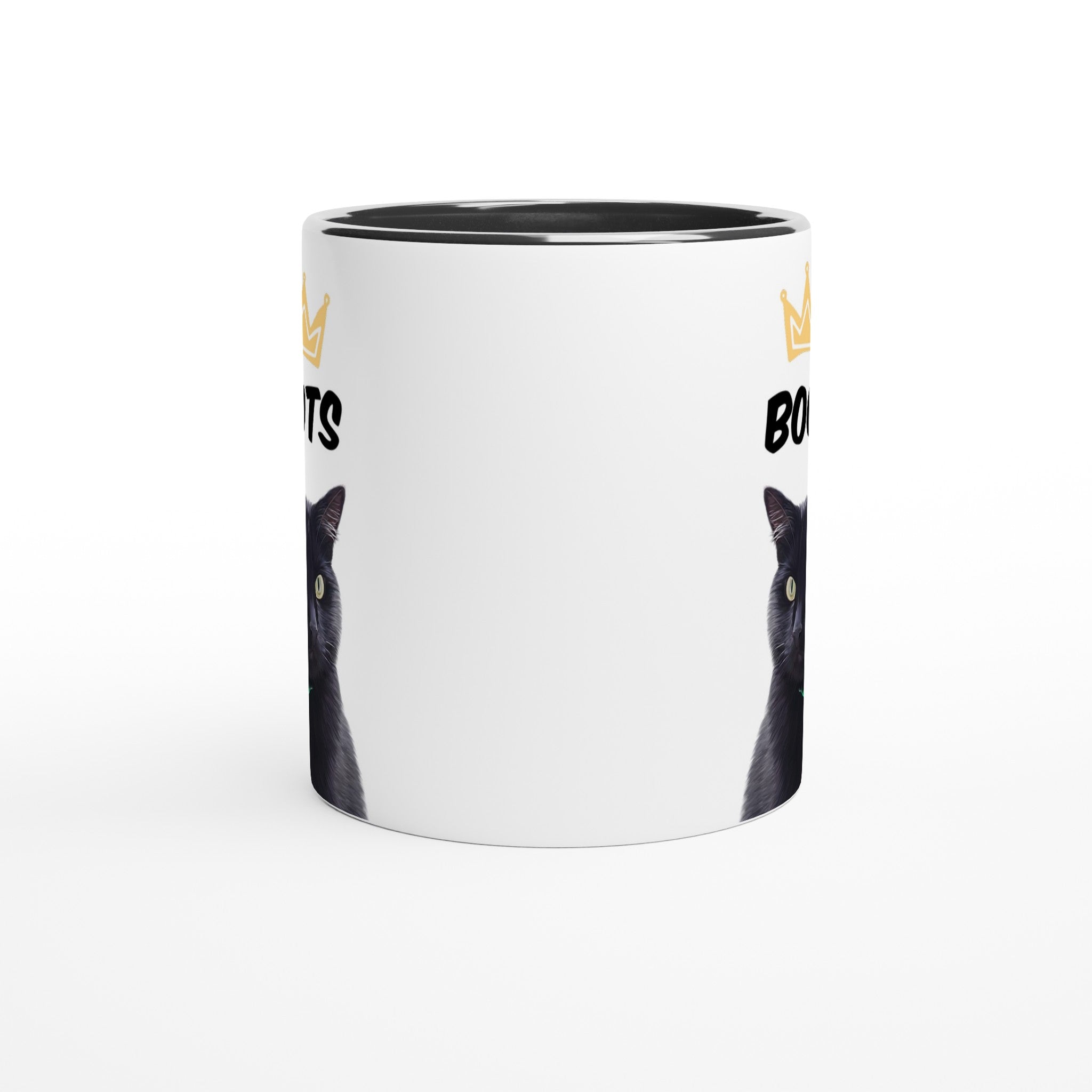 Custom pet portrait mug. Black cat with pet name above cat. Crown above cat name.