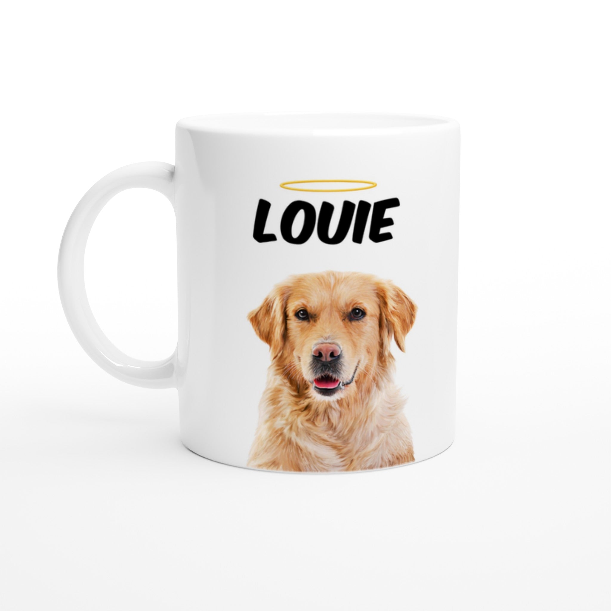 Custom pet portrait mug. Golden Retriever with pet name above dog. Halo above pet name. 