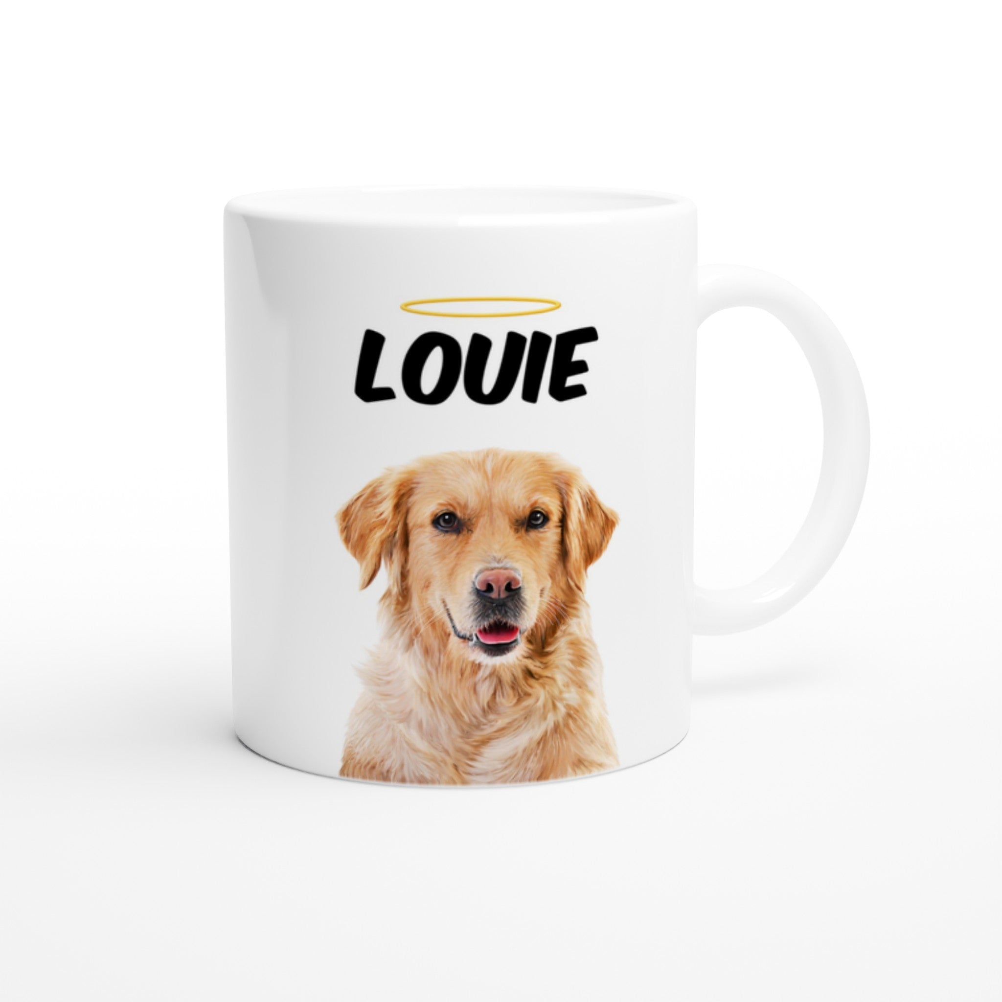 Custom pet portrait mug. Golden Retriever with pet name above dog. Halo above pet name. 