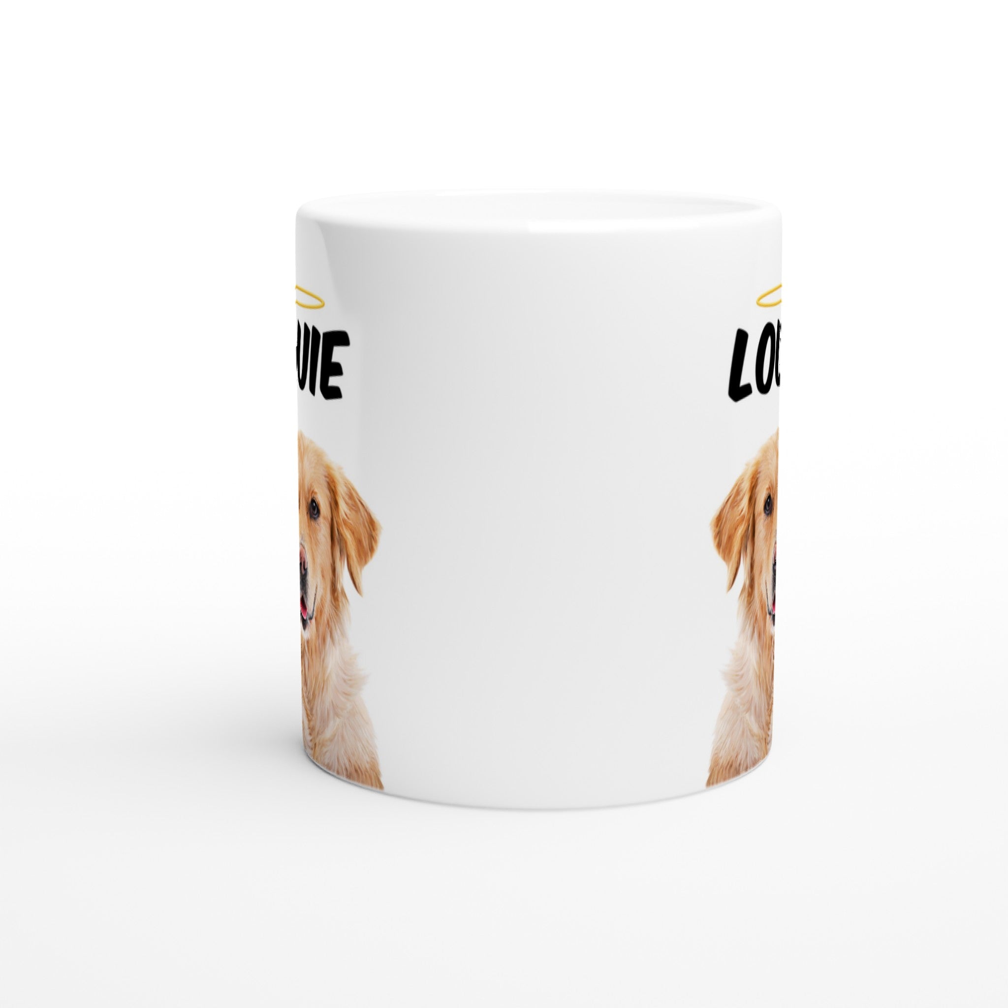 Custom pet portrait mug. Golden Retriever with pet name above dog. Halo above pet name. 