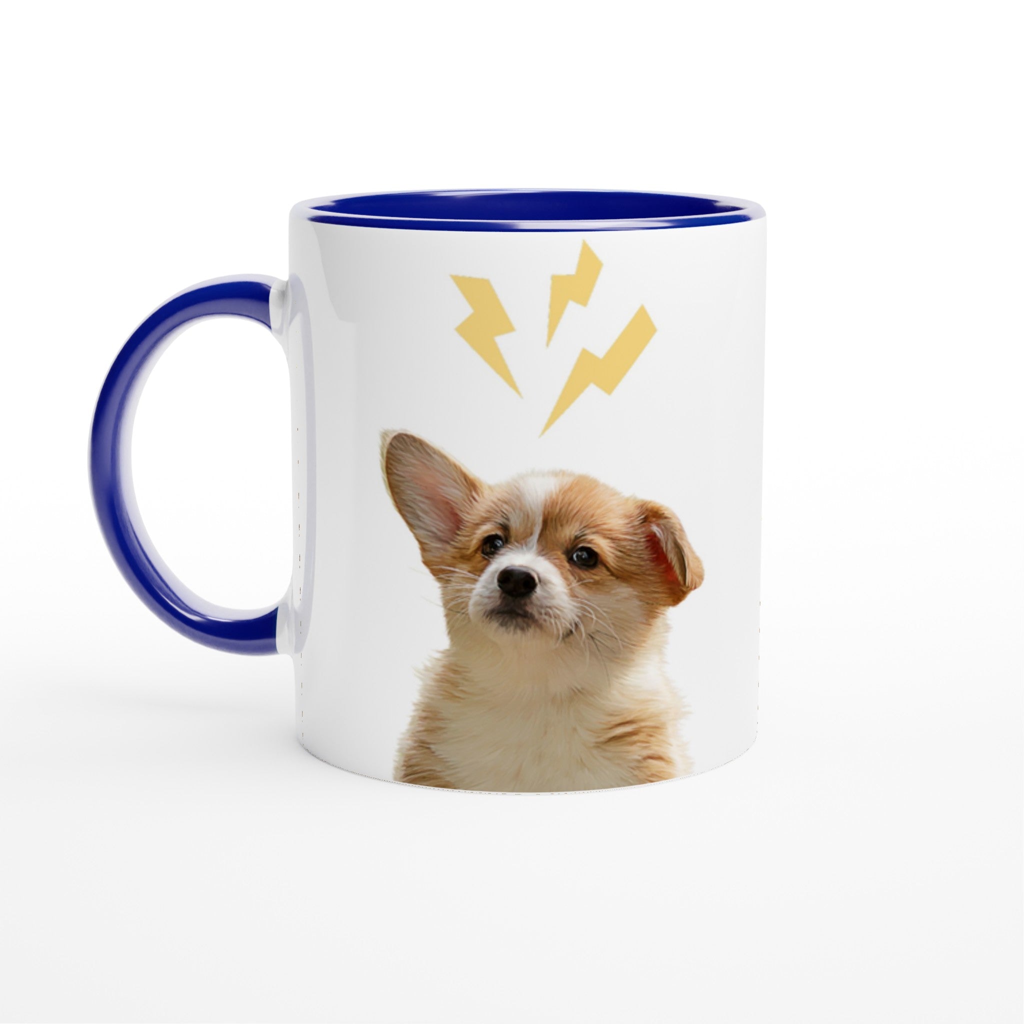 Custom pet portrait mug. Corgi puppy with lightening bolts above puppy.