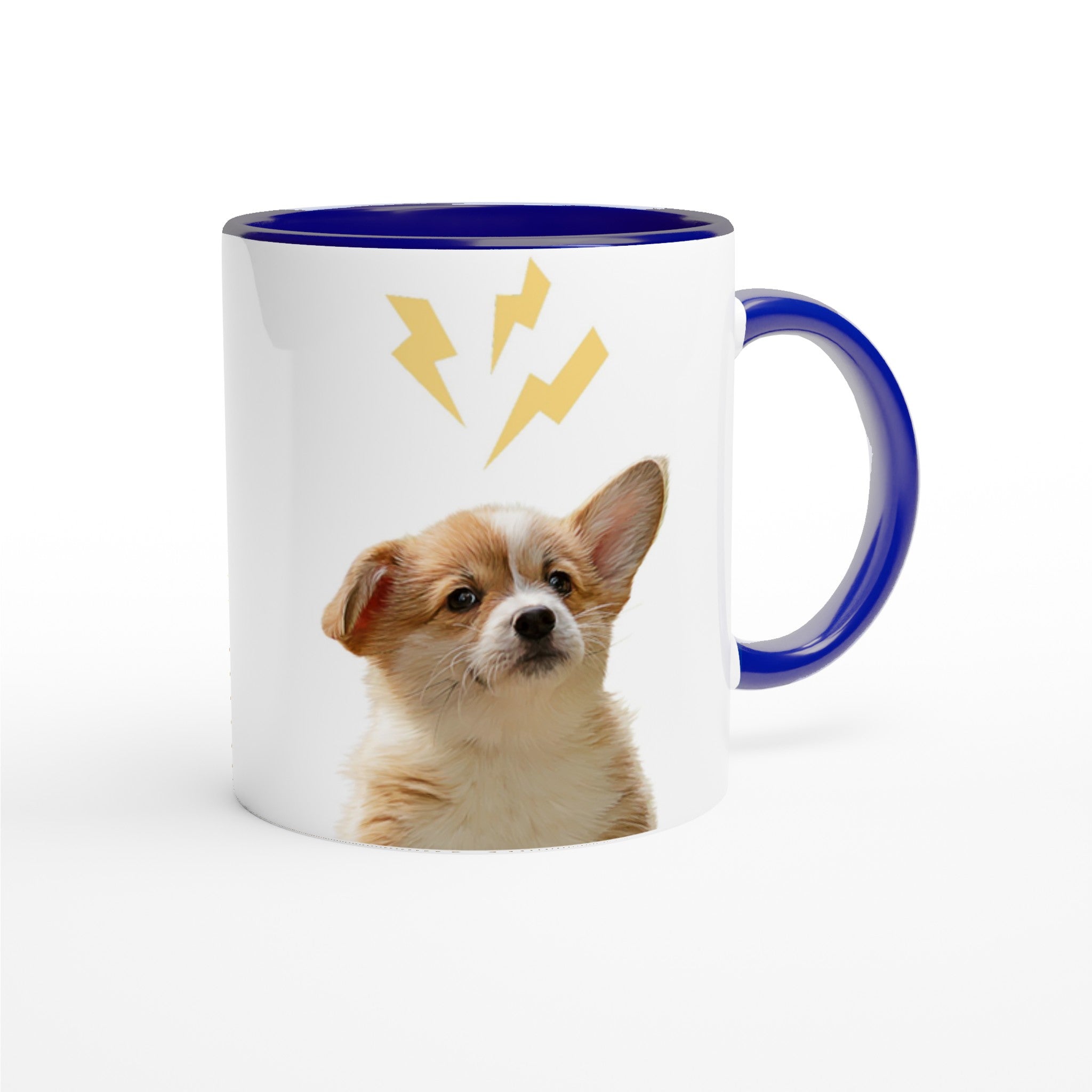 Custom pet portrait mug. Corgi puppy with lightening bolts above puppy.