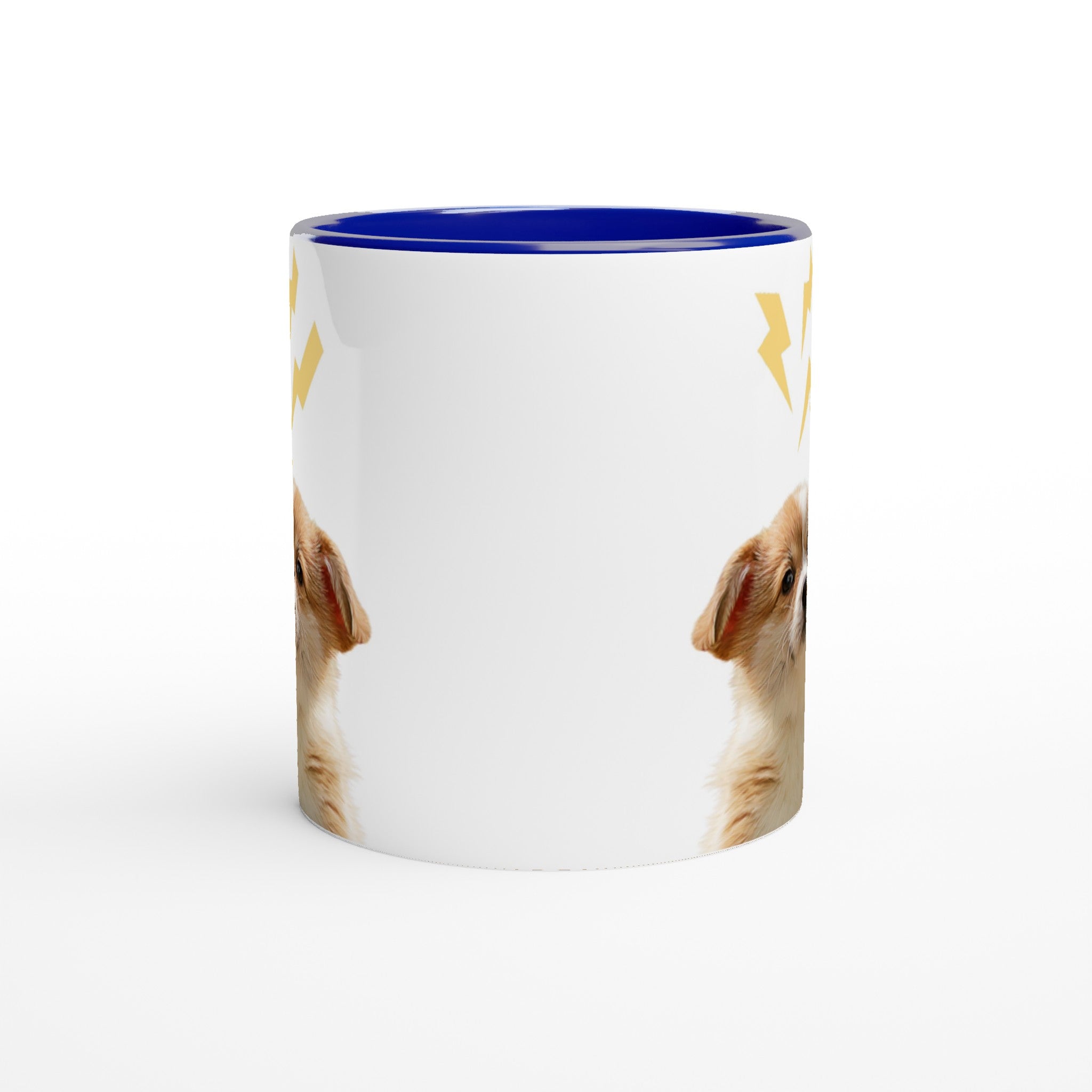 Custom pet portrait mug. Corgi puppy with lightening bolts above puppy.