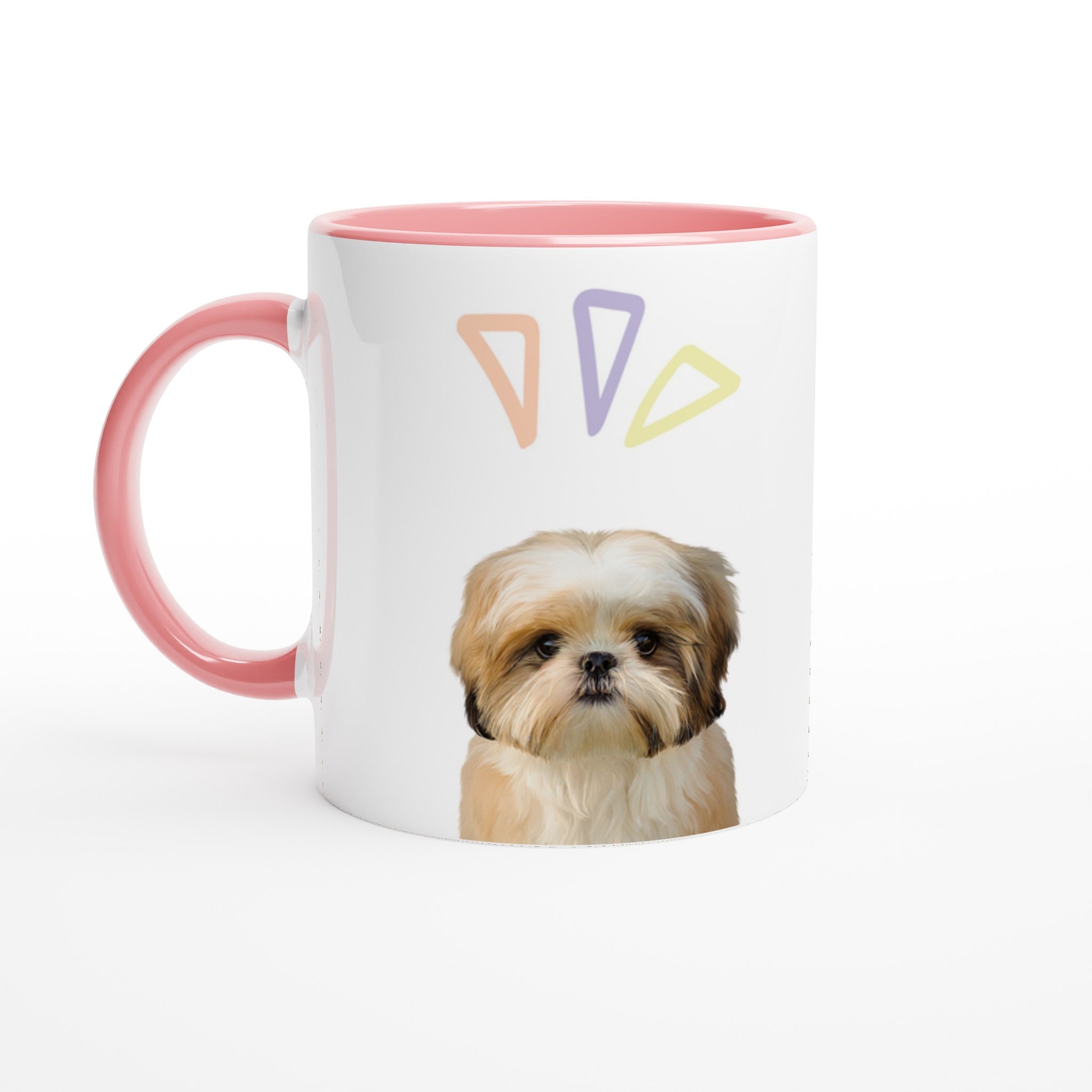 Custom pet portrait white mug. Shih Tzu dog with pastel triangles above dog. Pink interior mug and pink handle. 