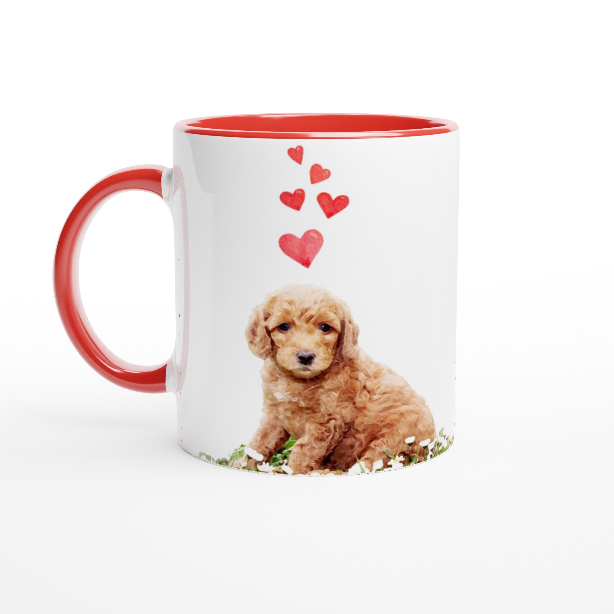 Custom pet portrait heart mug. Labradoodle puppy with hearts above puppy.