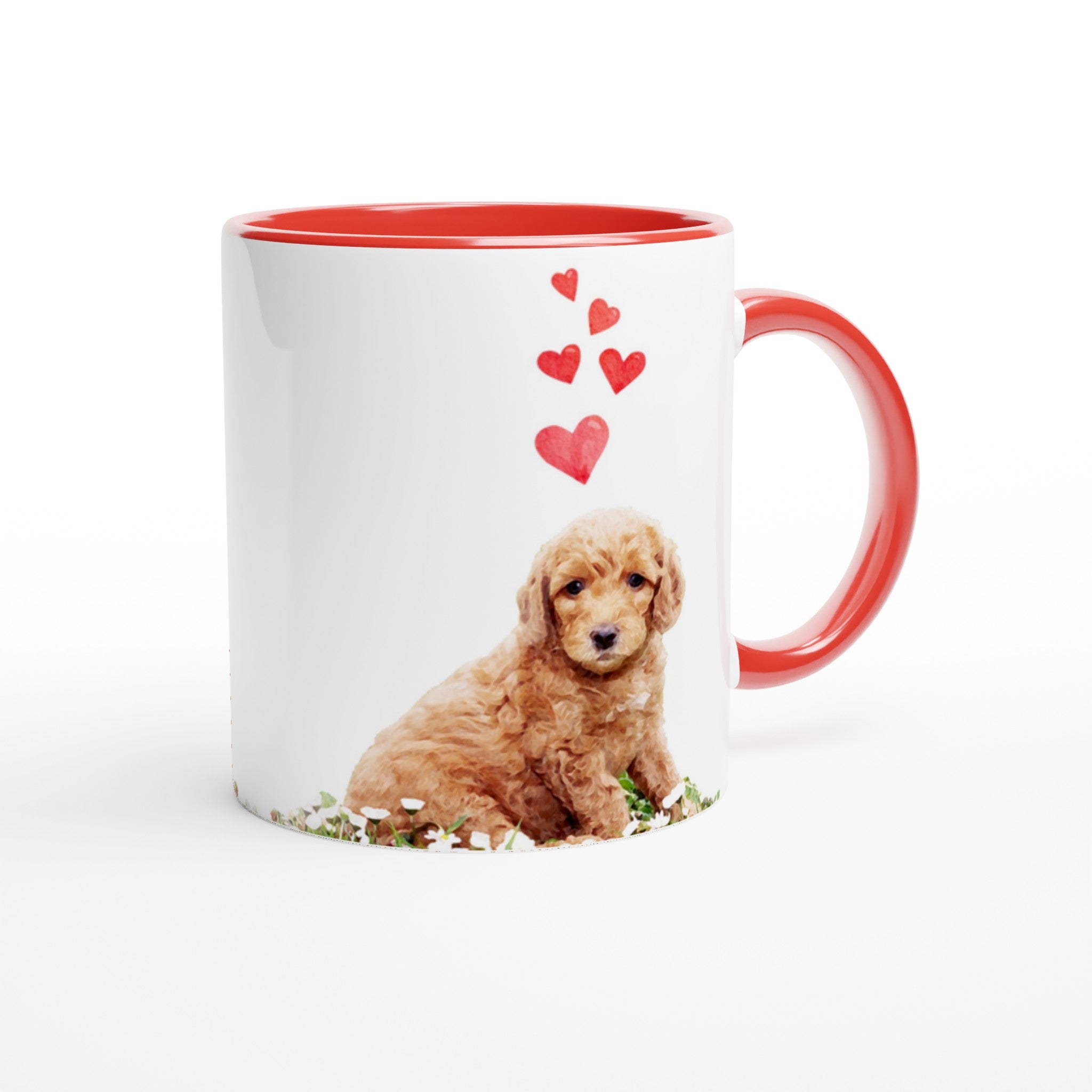 Custom pet portrait heart mug. Labradoodle puppy with hearts above puppy.