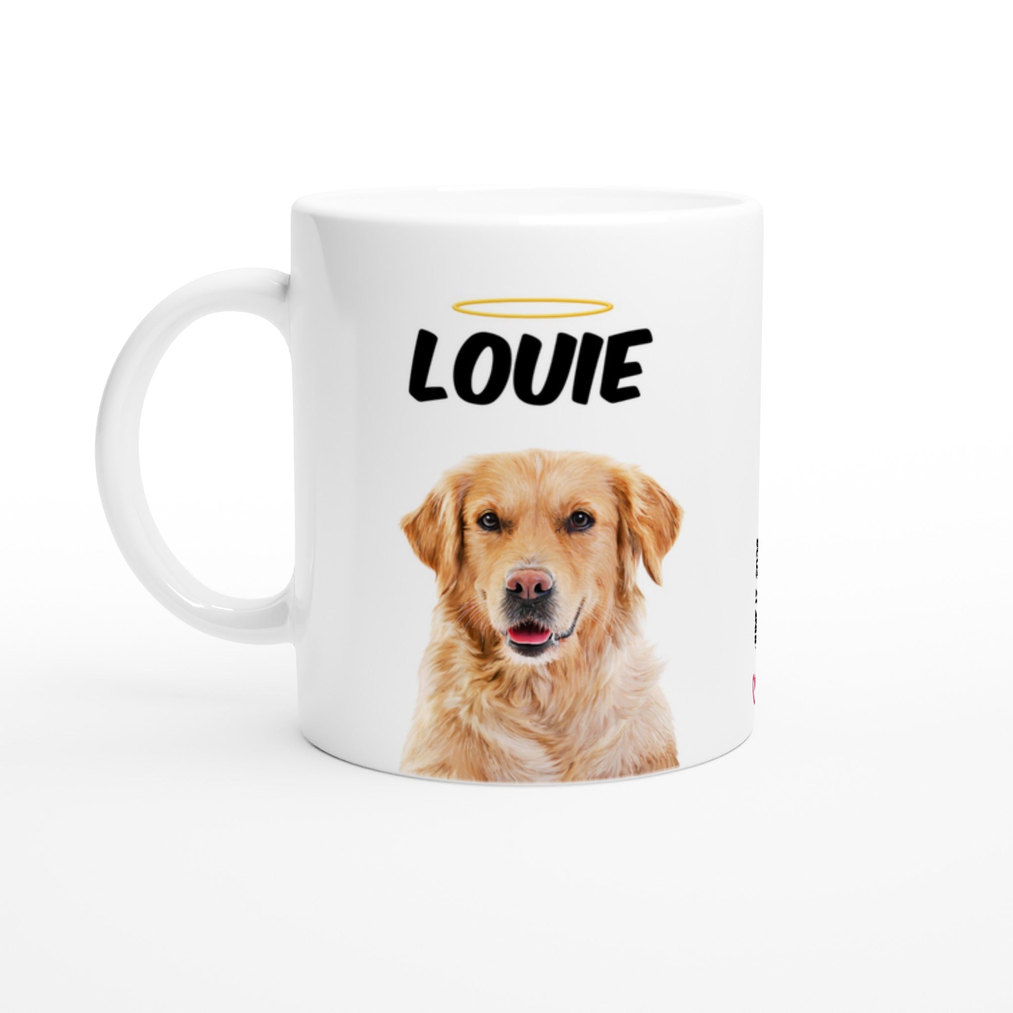 Custom pet portrait mug. Golden Retriever with pet name above dog. Halo above pet name. Remembrance date on side of mug with small heart.