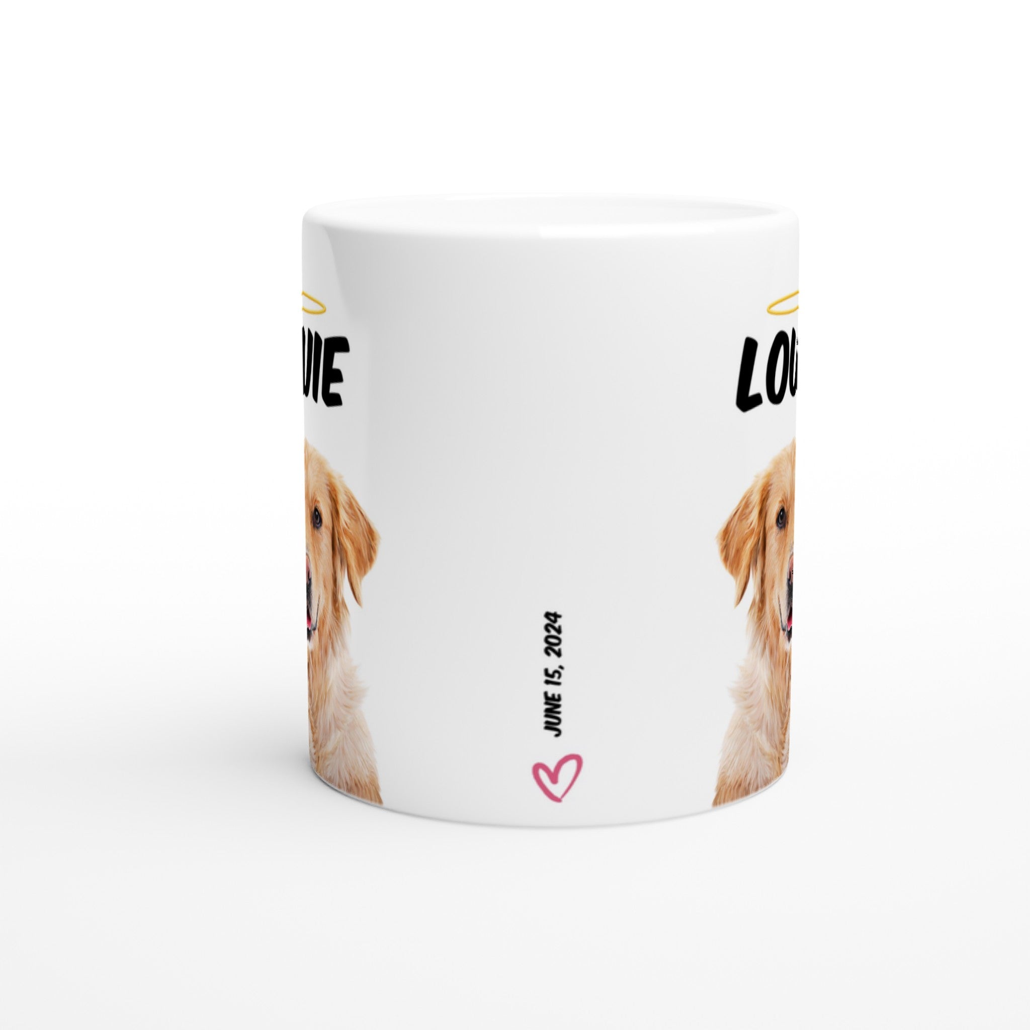 Custom pet portrait mug. Golden Retriever with pet name above dog. Halo above pet name. Remembrance date on side of mug with small heart.