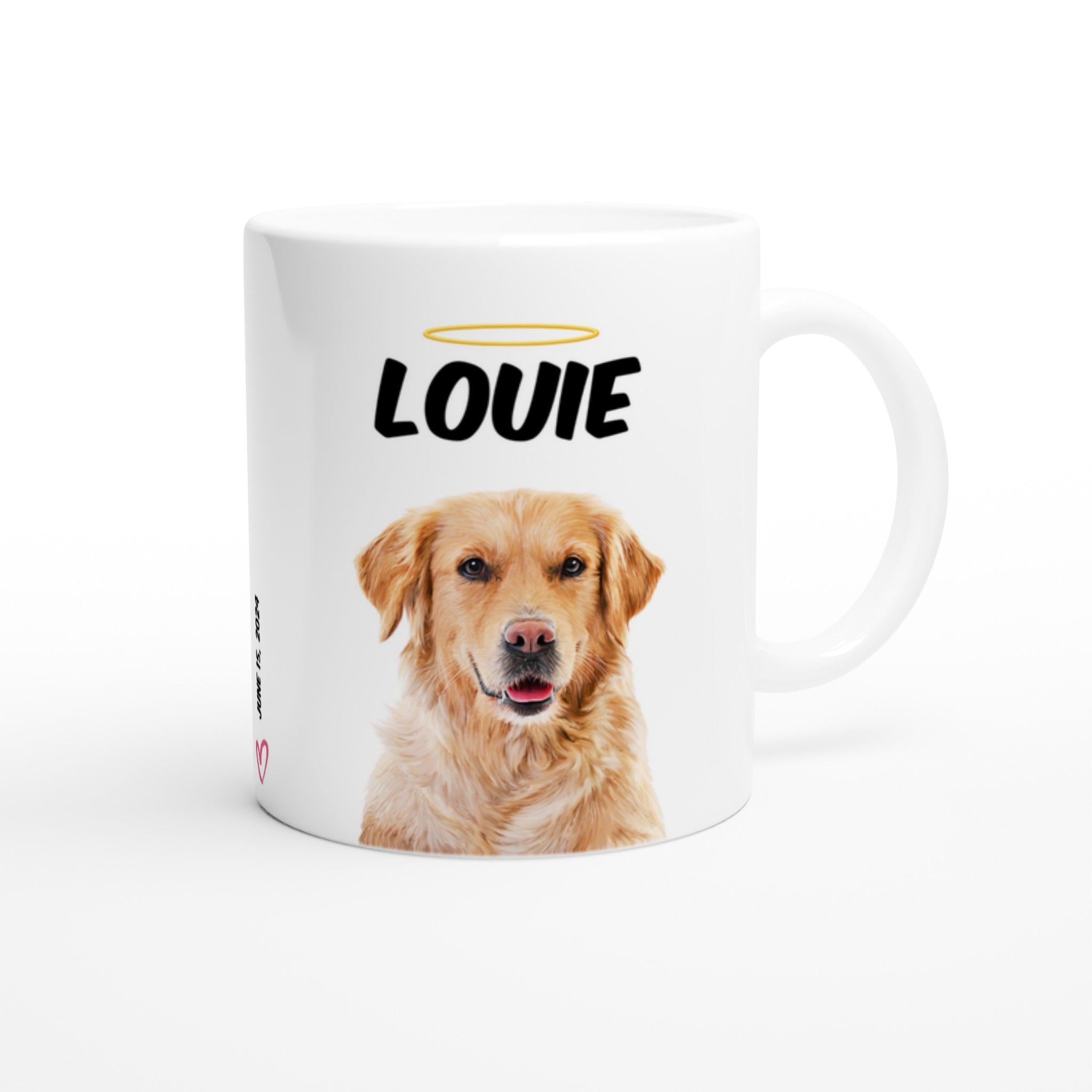 Custom pet portrait mug. Golden Retriever with pet name above dog. Halo above pet name. Remembrance date on side of mug with small heart.