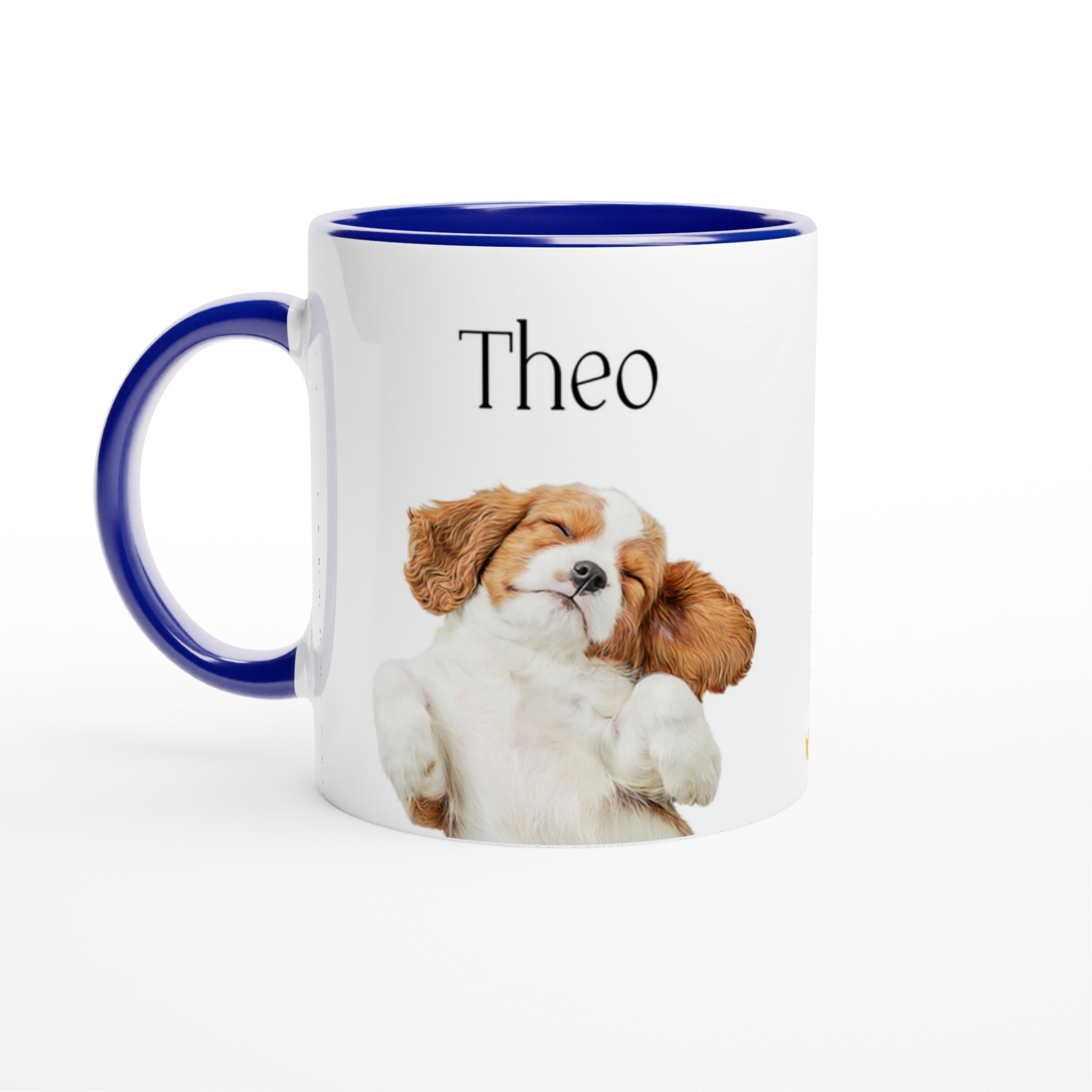 Custom pet portrait mug. Cavalier King Charles Spaniel with pet name above dog. Small crown on side of mug.