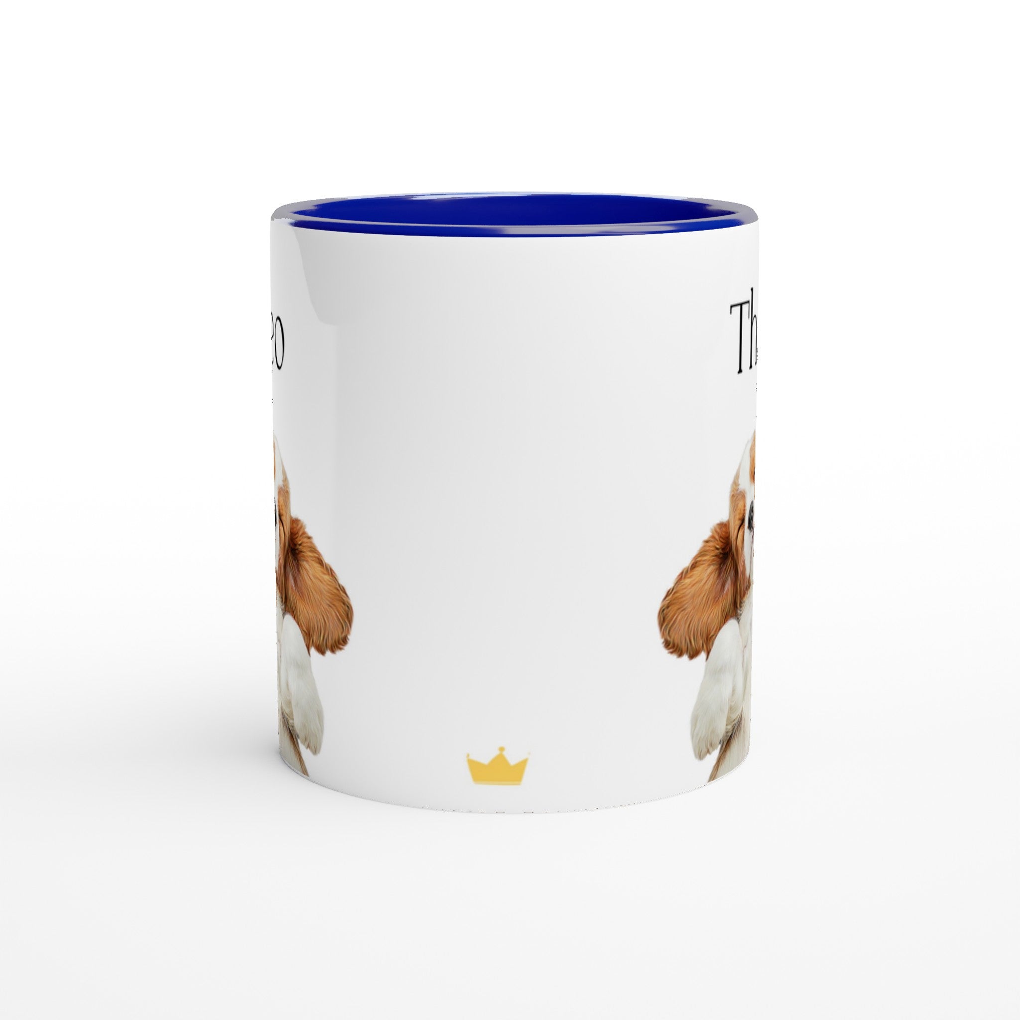 Custom pet portrait mug. Cavalier King Charles Spaniel with pet name above dog. Small crown on side of mug.