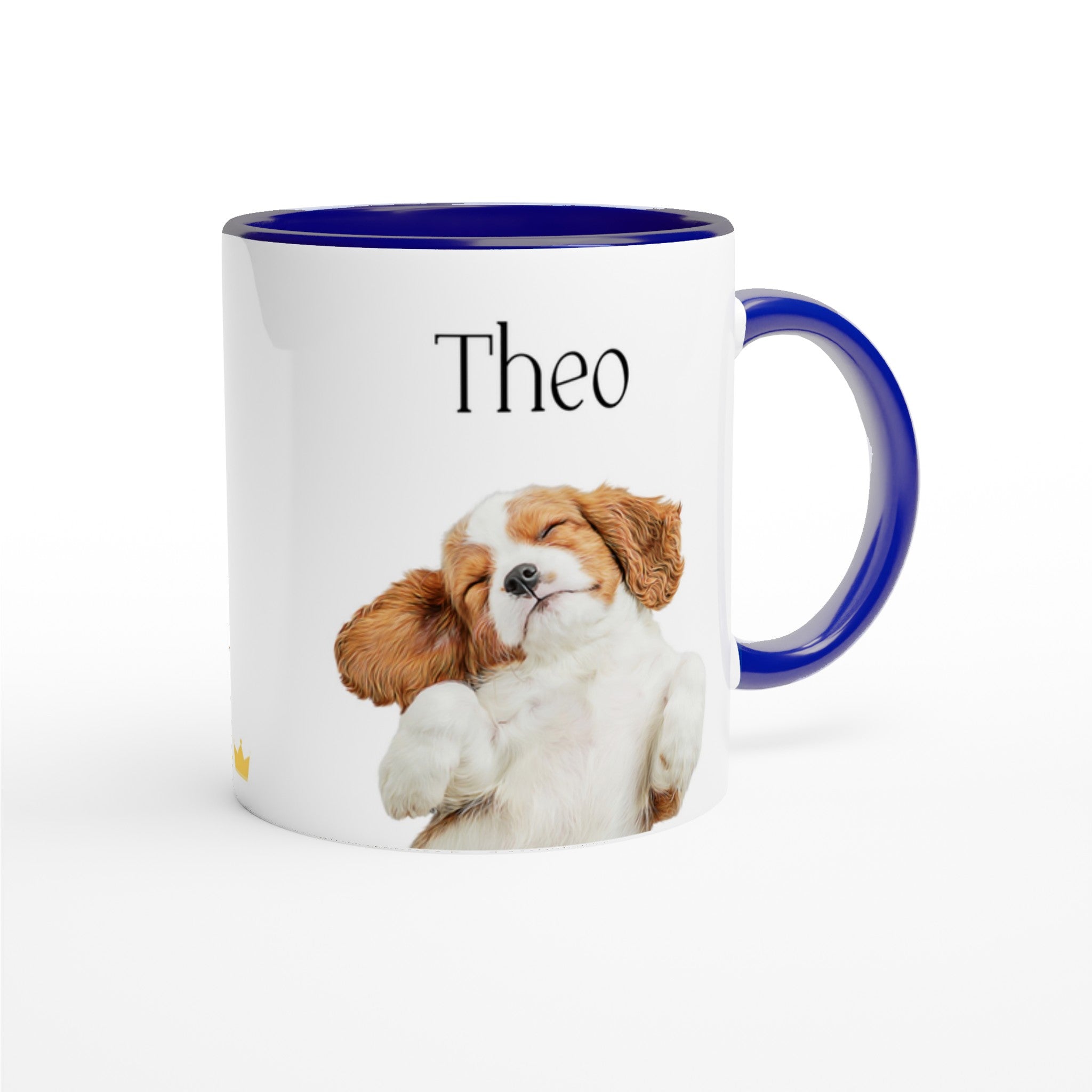 Custom pet portrait mug. Cavalier King Charles Spaniel with pet name above dog. Small crown on side of mug.