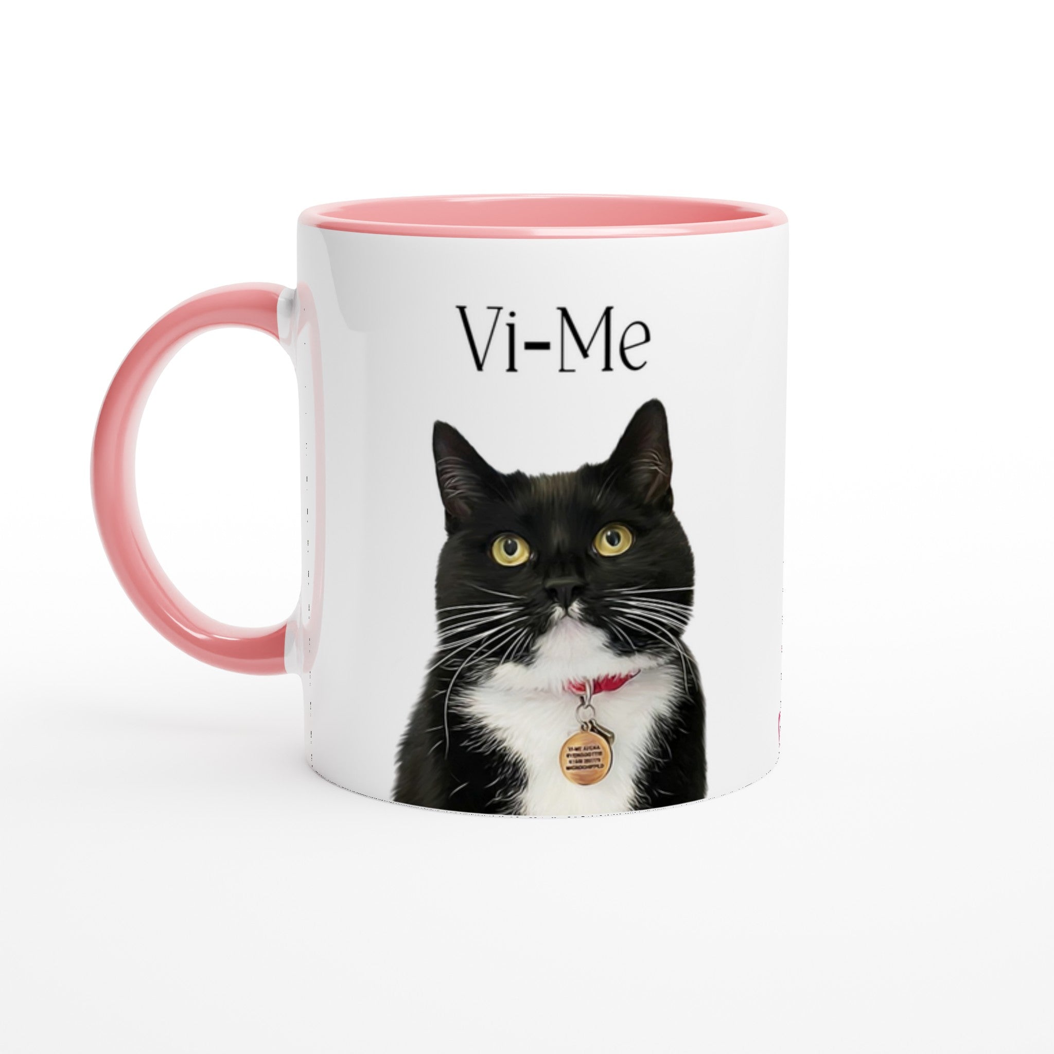 Custom pet portrait mug. Black and white cat with pet name above cat. Small heart on side of mug.