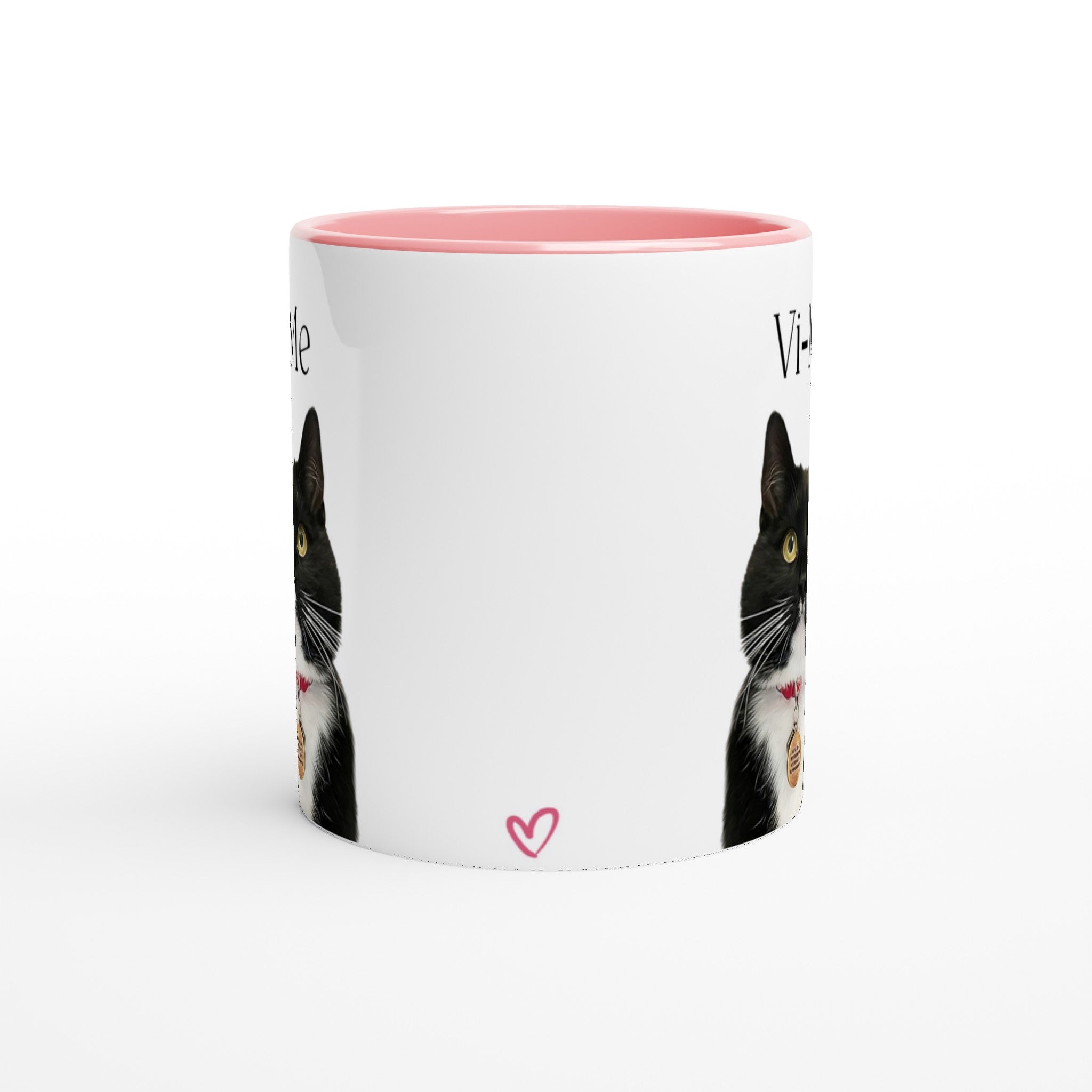 Custom pet portrait mug. Black and white cat with pet name above cat. Small heart on side of mug.