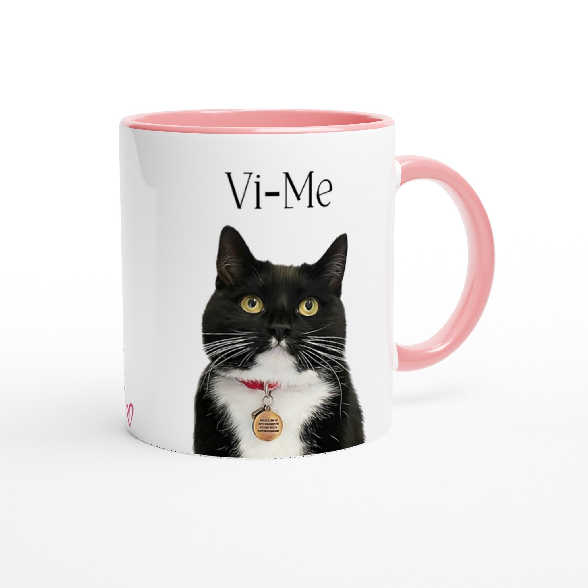 Custom pet portrait mug. Black and white cat with pet name above cat. Small heart on side of mug.