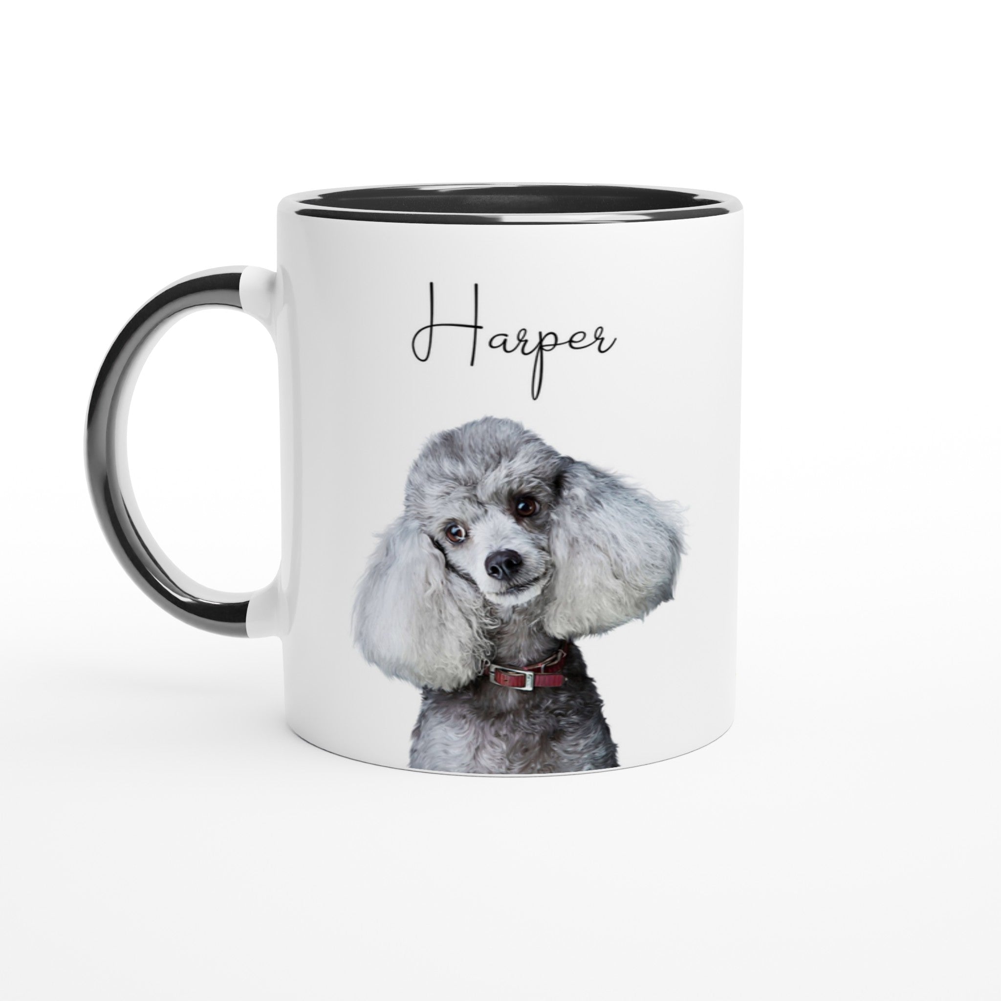 Custom pet portrait mug. Poodle with pet name above dog. Small stars on side of mug.