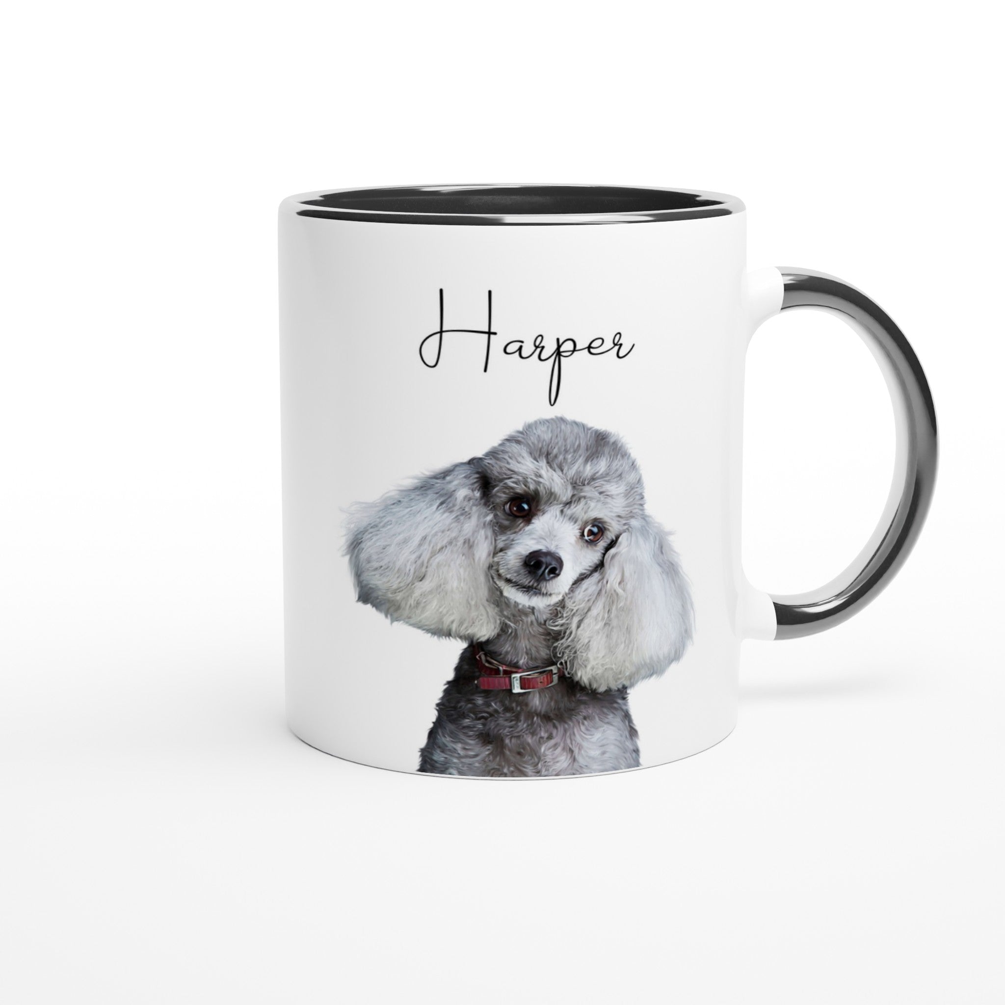 Custom pet portrait mug. Poodle with pet name above dog. Small stars on side of mug.