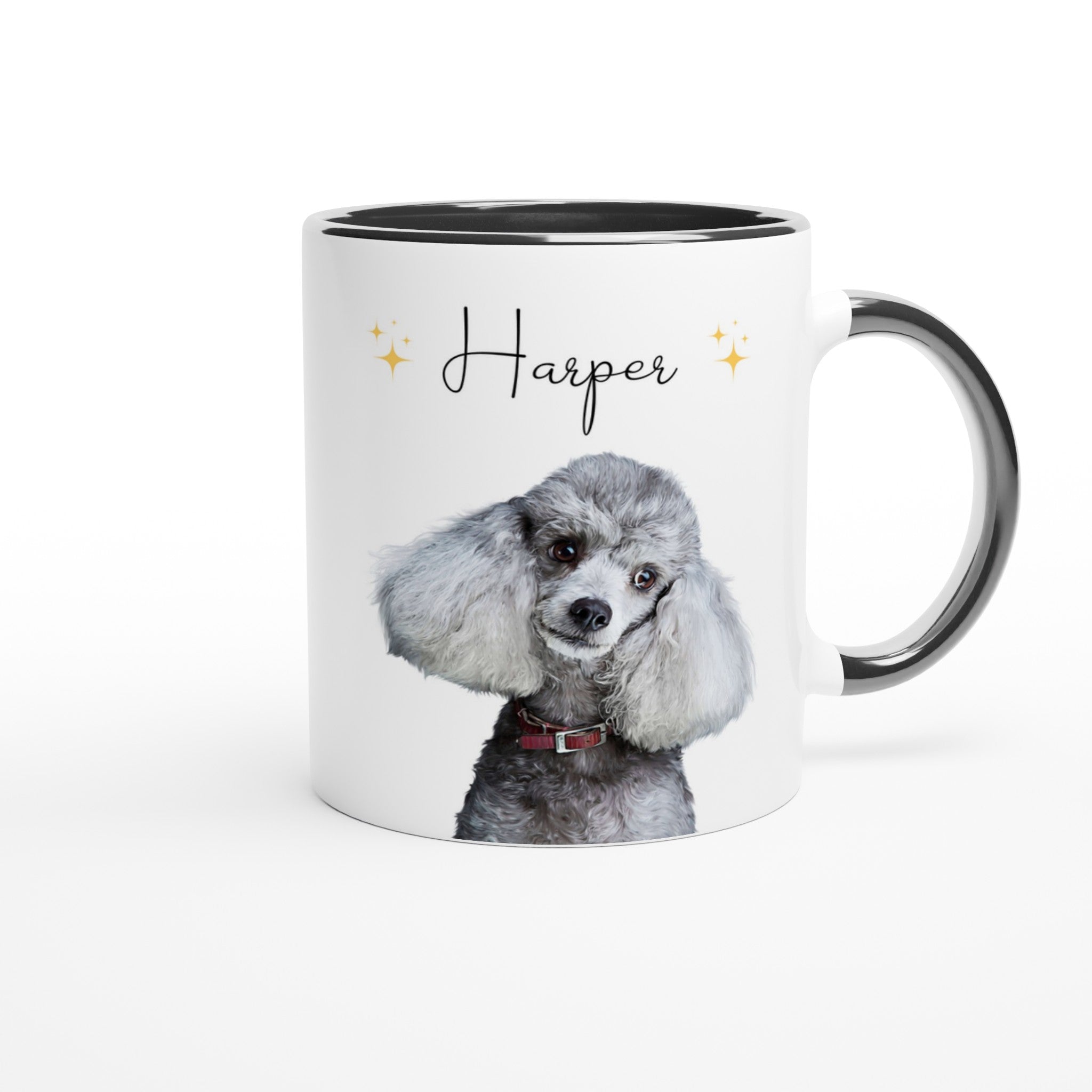 Custom pet portrait mug. Poodle with pet name above dog. Stars on each side of name. Black mug interior and handle. 