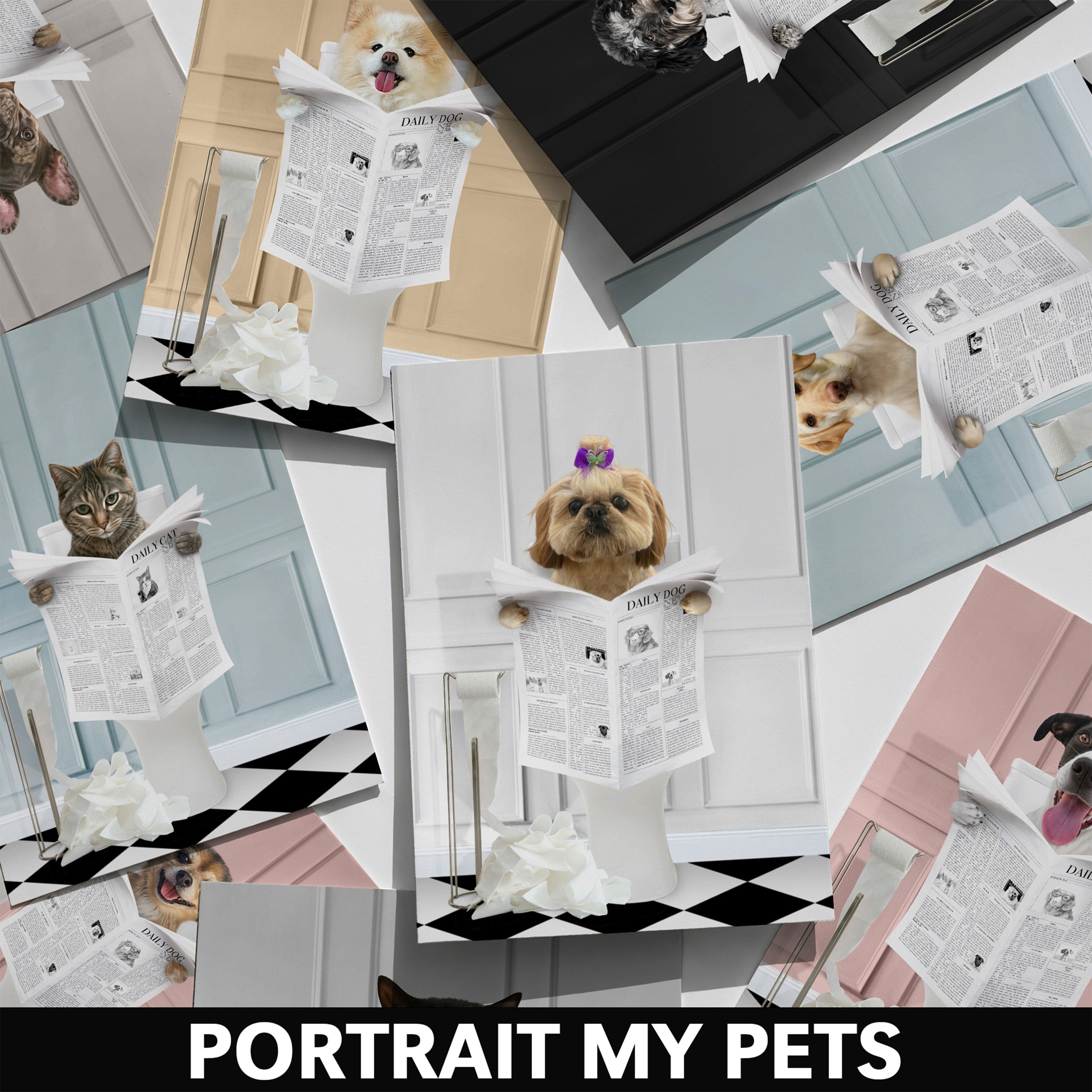 Multiple dogs in Reading A Newspaper