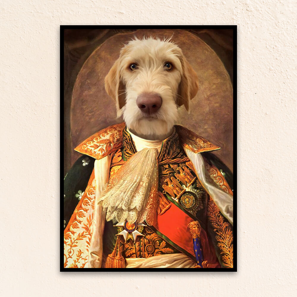 Custom renaissance dog portrait of The Napoleon, featuring a bold canine in a gilded military coat with epaulettes, sword belt, and a confident, commanding gaze.