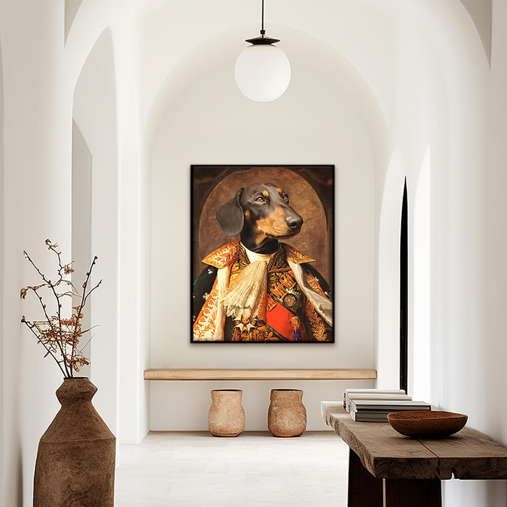 Custom military pet portrait hallway wall art. Dachshund dog in a renaissance military costume.