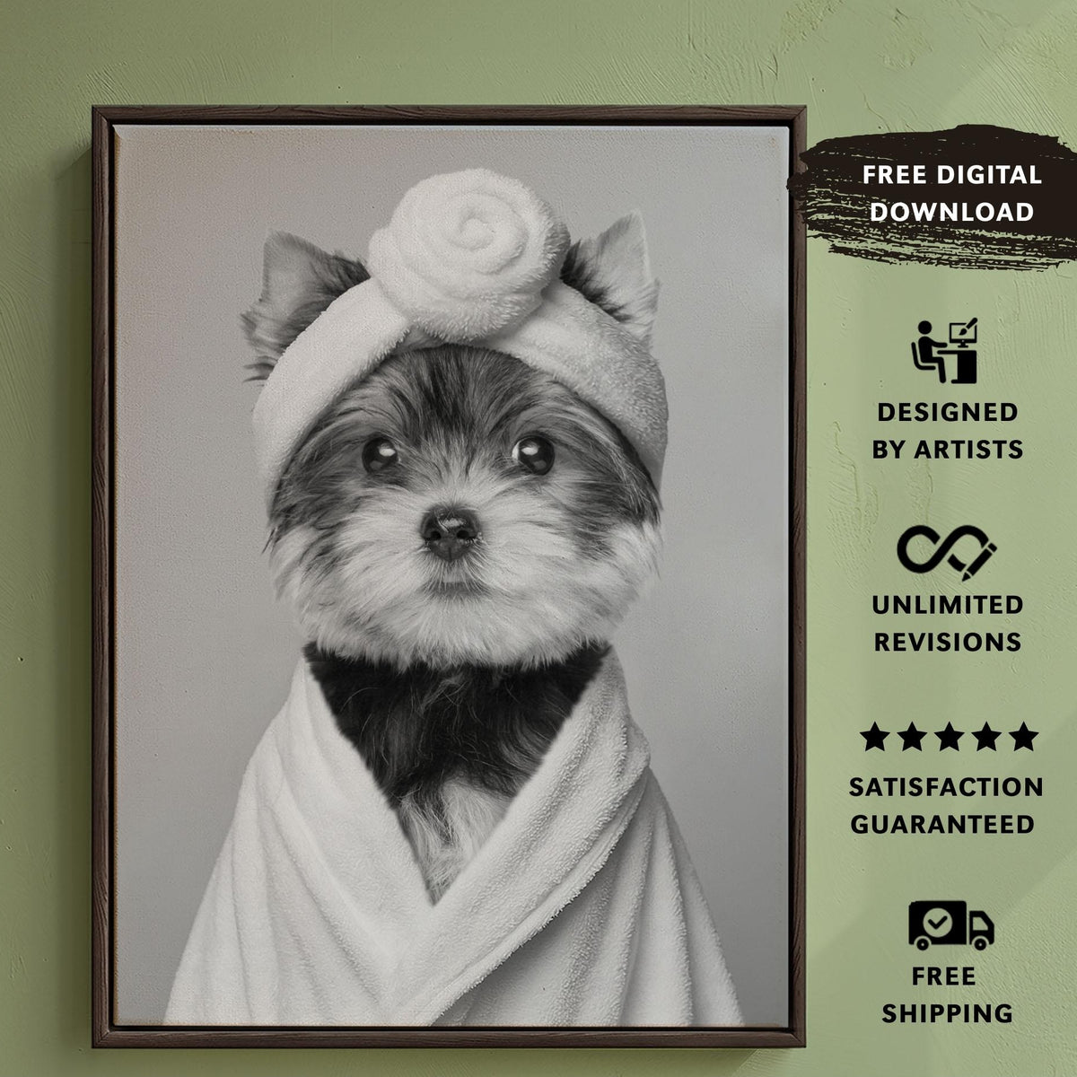 Pet wrapped in a white bathrobe with a towel twisted on its head, posed as a custom bathroom pet portrait in black and white against a  neutral background.