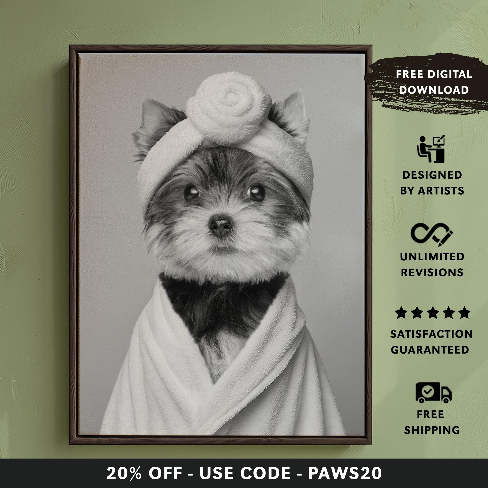 Custom Bathroom Dog Portrait | Black & White Robe and Head Towel