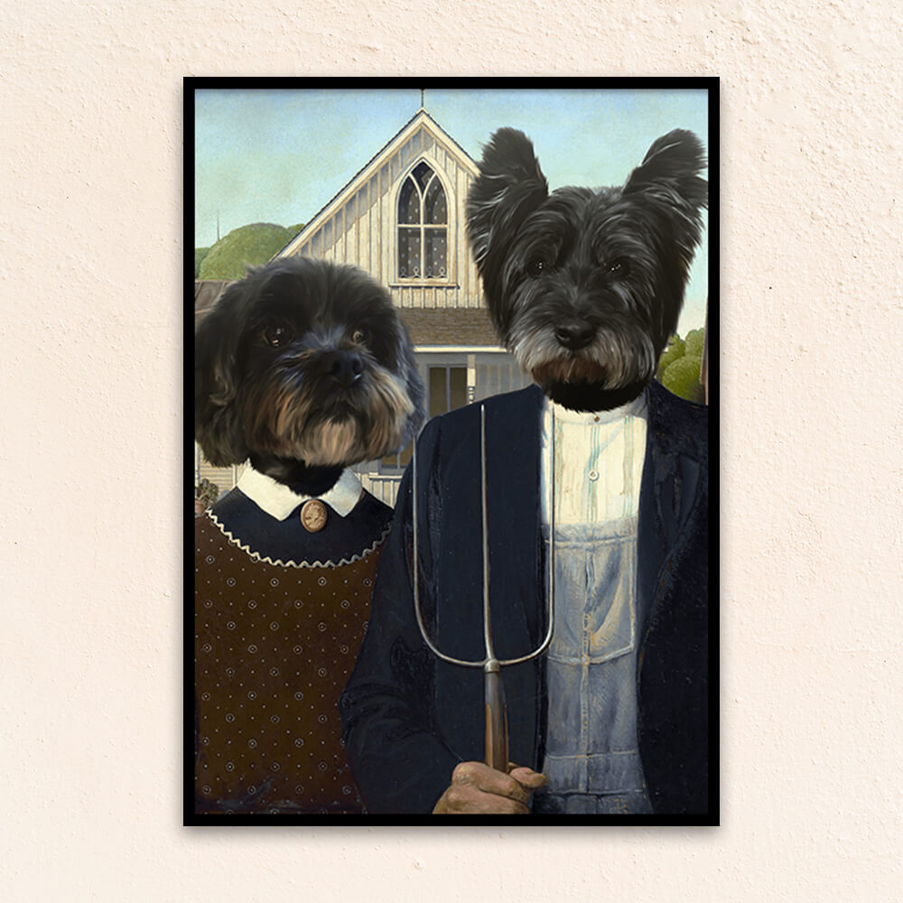 Custom multiple pet portrait wall art. The Odd Couple has a farmer couple in the artwork. 