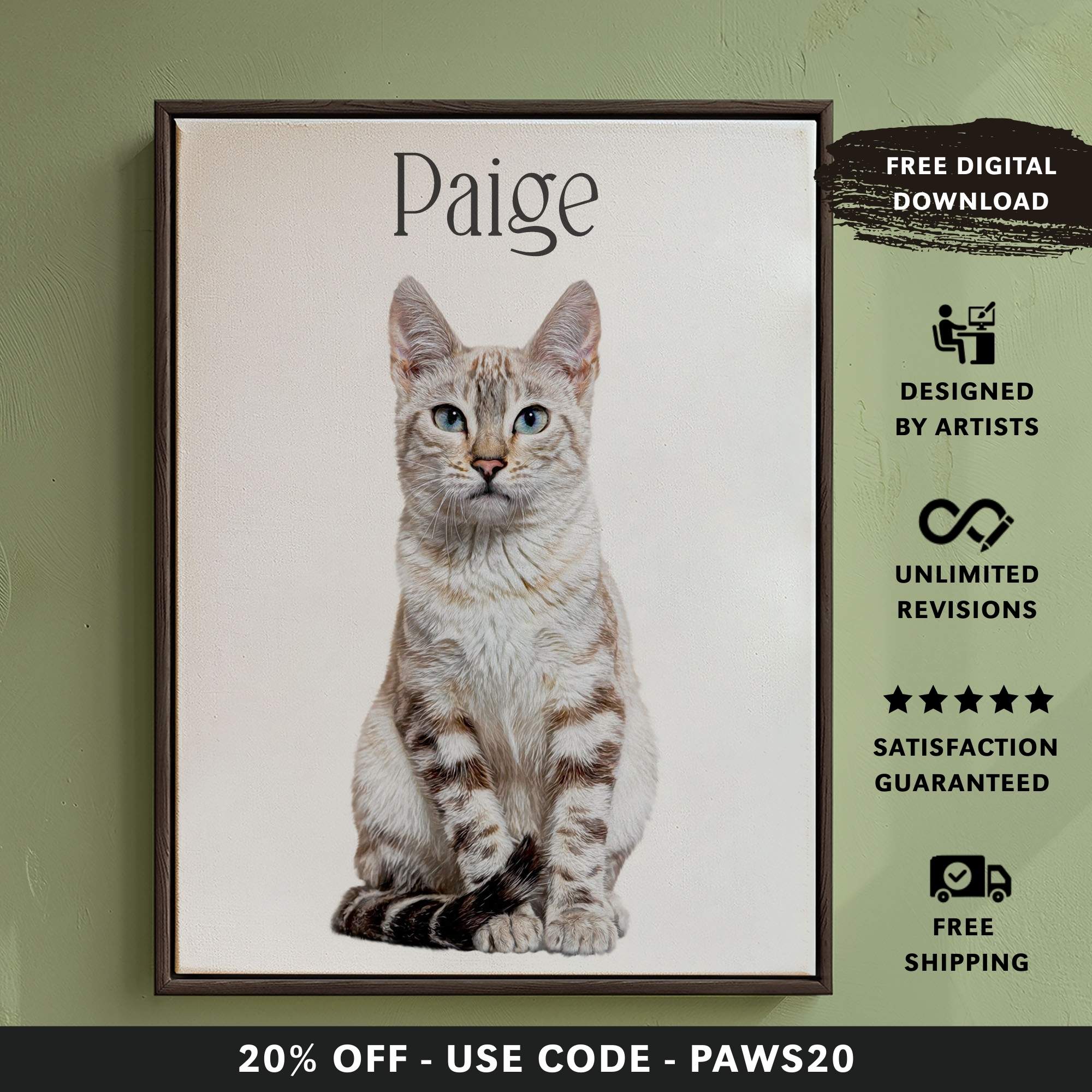 Custom pet portrait full body white and dark brown stripped cat with blue eyes. The pet's name page is at the top of the picture frame. 