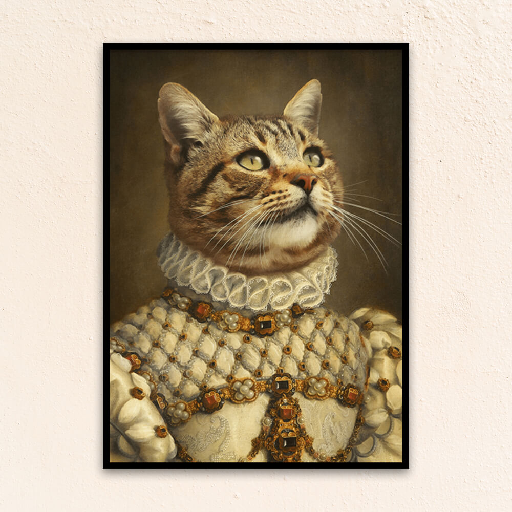 Custom royal pet portrait wall art. Ginger Tabby cat wearing a regal dress with pearls and ruby gems.