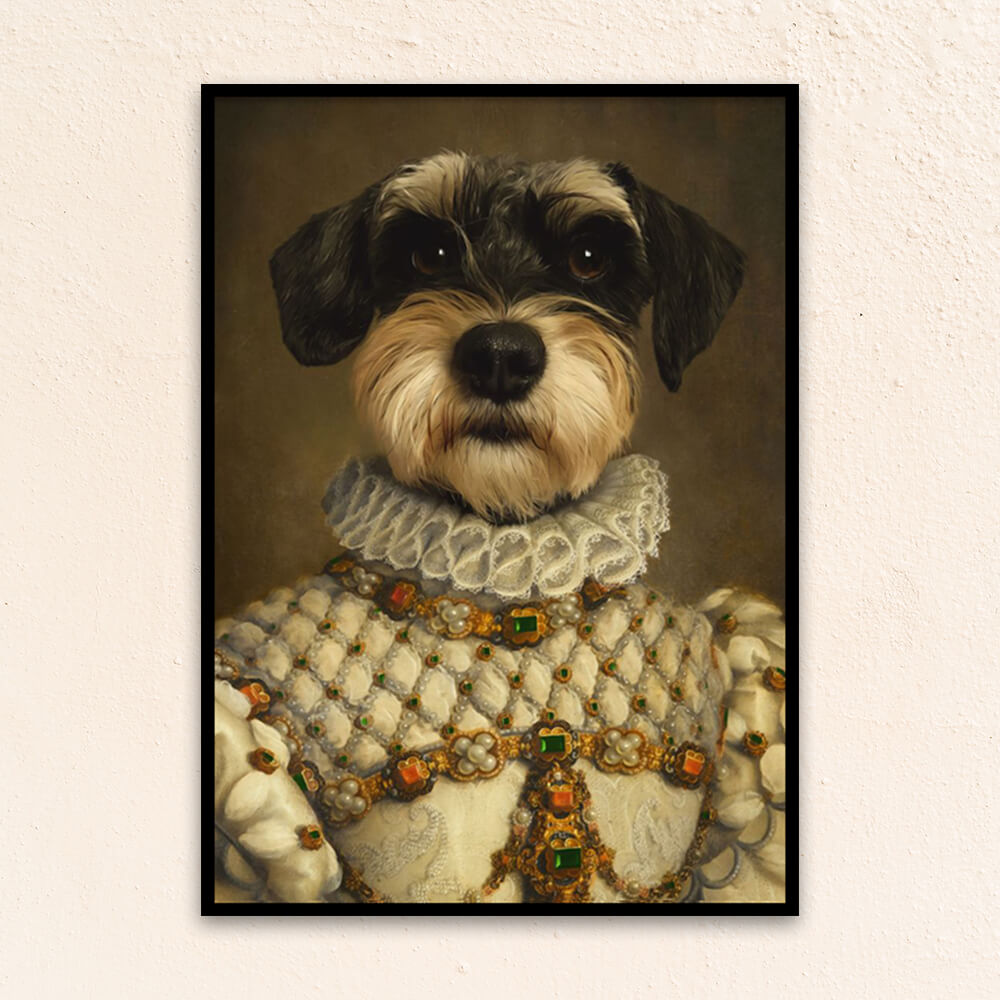 Custom royal pet portrait wall art. Shih Tzu dog wearing a regal dress with pearls, emeralds and ruby gems.