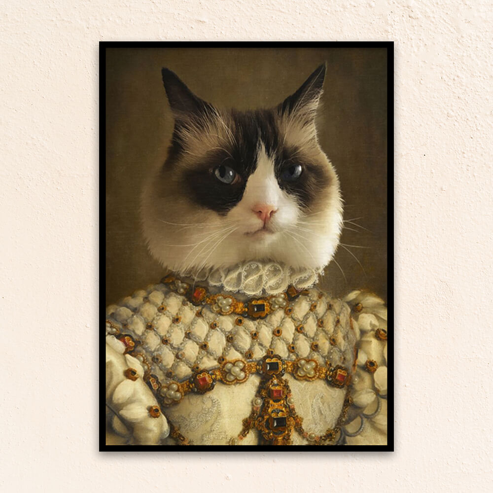 Custom royal pet portrait wall art. Siamese cat wearing a regal dress with pearls and ruby gems.