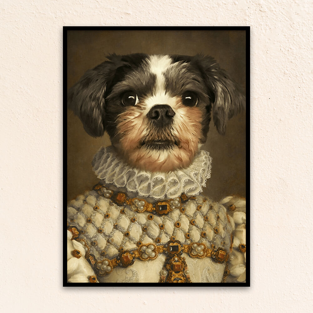 Custom royal pet portrait wall art. Dog wearing a regal dress with pearls and ruby gems.