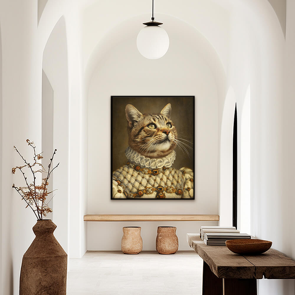 Custom royal pet portrait hallway wall art. Ginger Tabby cat wearing a regal dress with pearls and ruby gems.