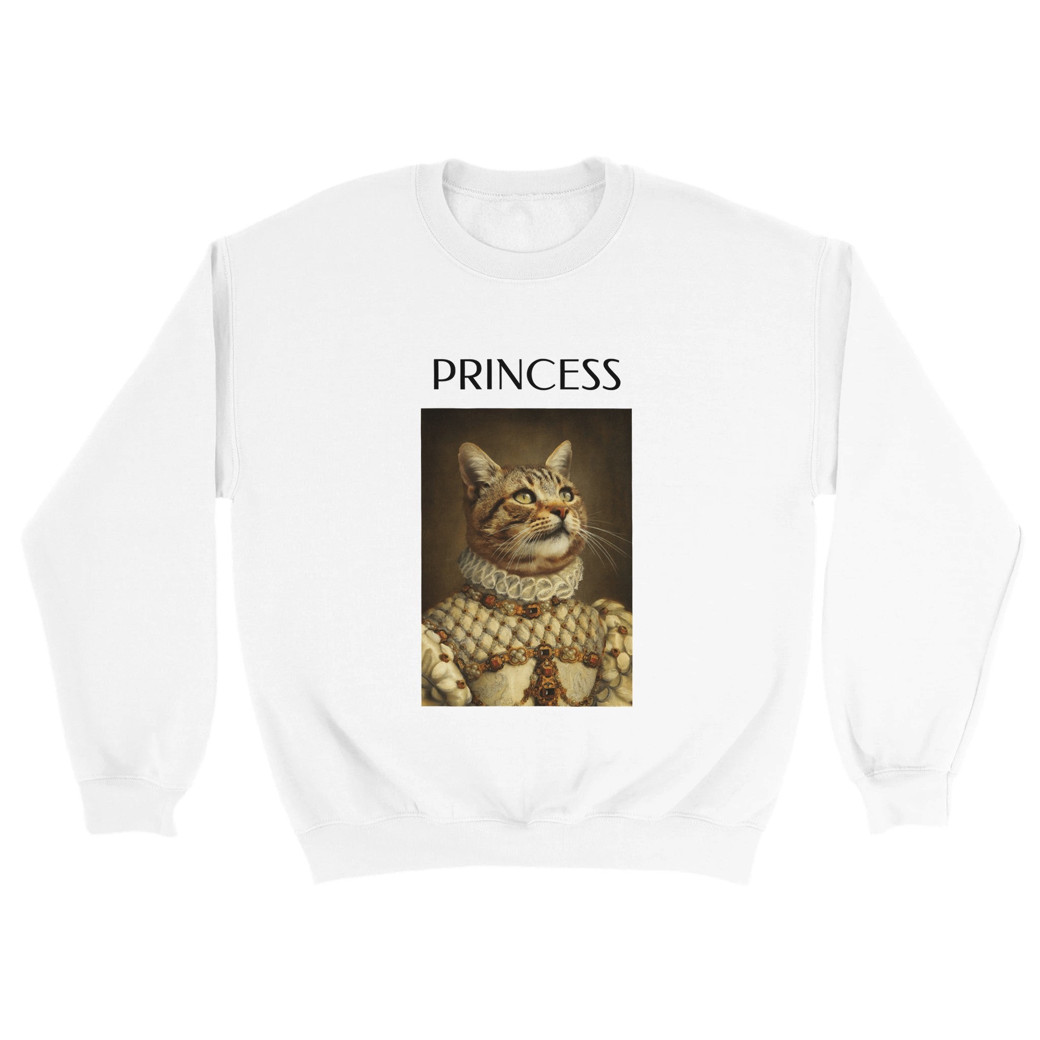 Custom royal pet portrait white sweatshirt. Ginger Tabby cat wearing a regal dress with pearls and ruby gems. The word Princes is written on top of pet image.