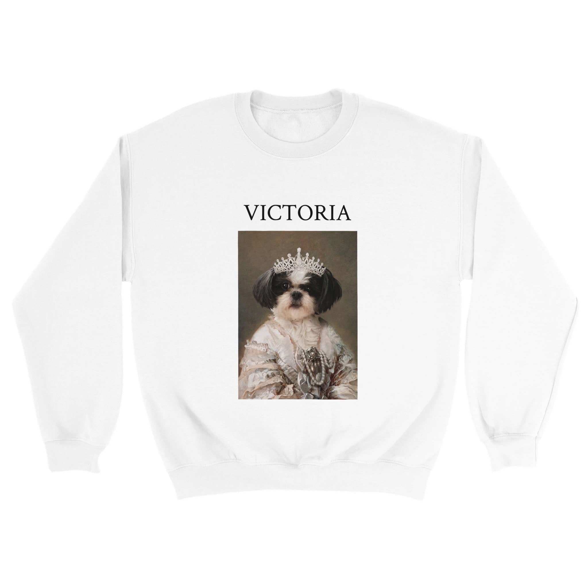 Custom royal pet portrait white sweatshirt. Shih Tzu dog wearing diamond crown and regal dress with pearls. With pet's name above image.