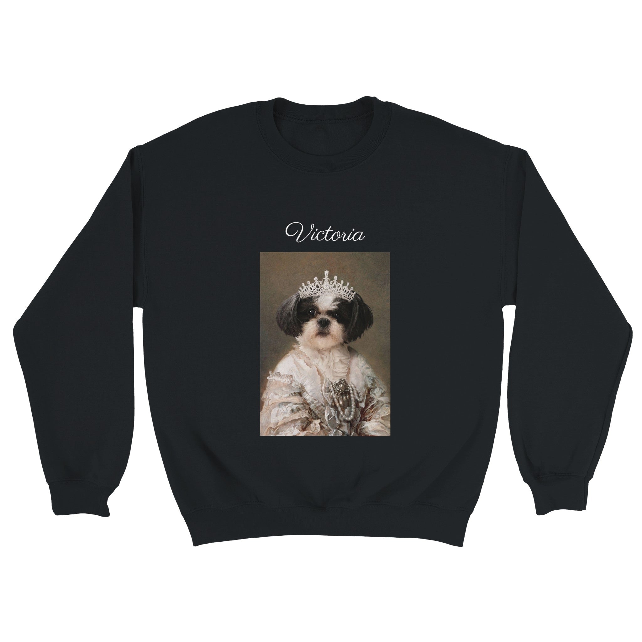 Custom royal pet portrait black sweatshirt. Shih Tzu dog wearing diamond crown and regal dress with pearls. With pet's name above image.