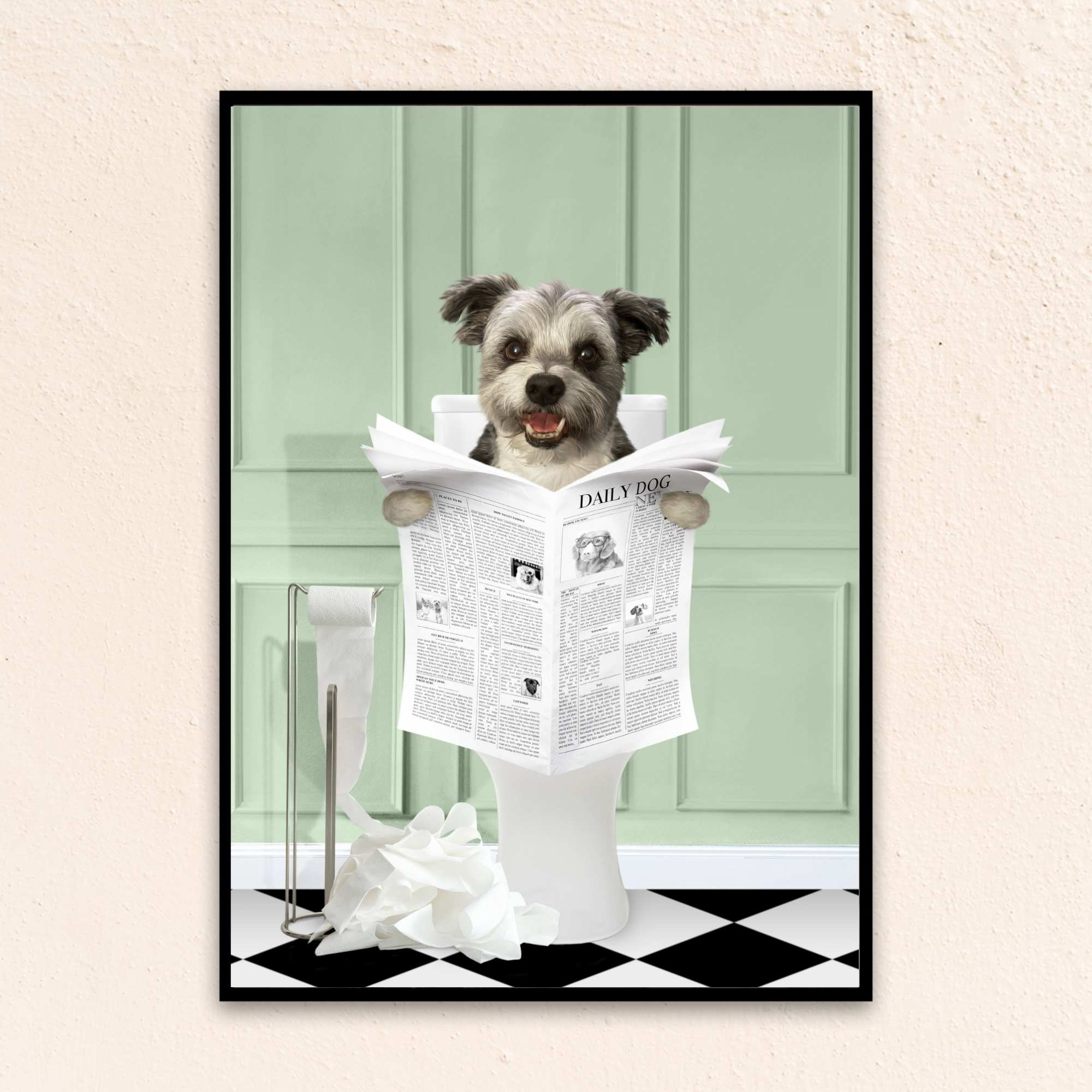 Custom Bathroom Art Dog Portrait I Reading A Newspaper - Sea Green
