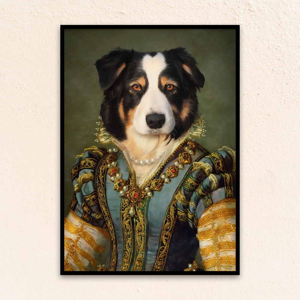 Custom regal pet portrait wall art.  Dog in renaissance dress with pearl necklace.