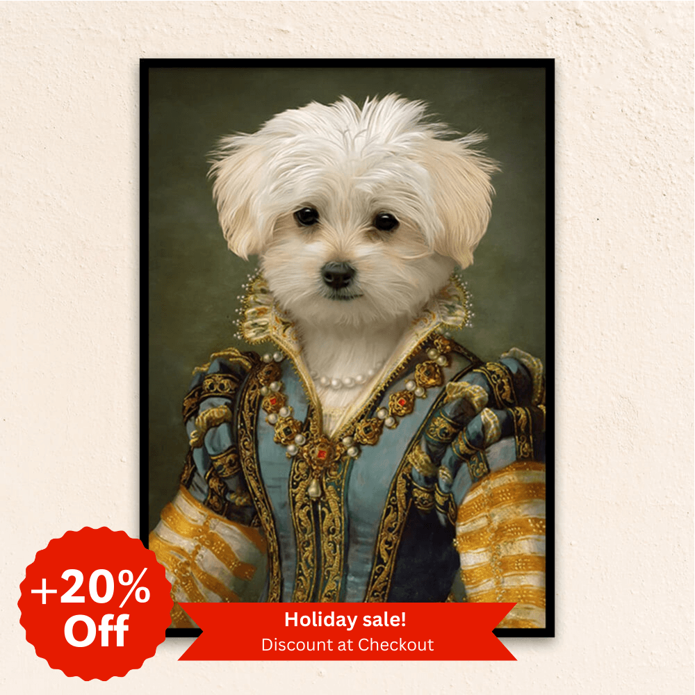 Custom regal pet portrait wall art.  Maltese dog in renaissance dress with pearl necklace.