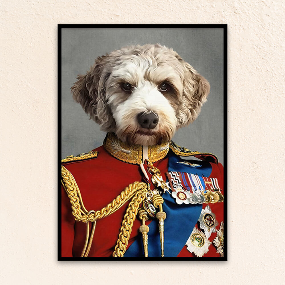 Custom royal pet portrait wall art. Cockapoo dog wearing a regal red English military suit.