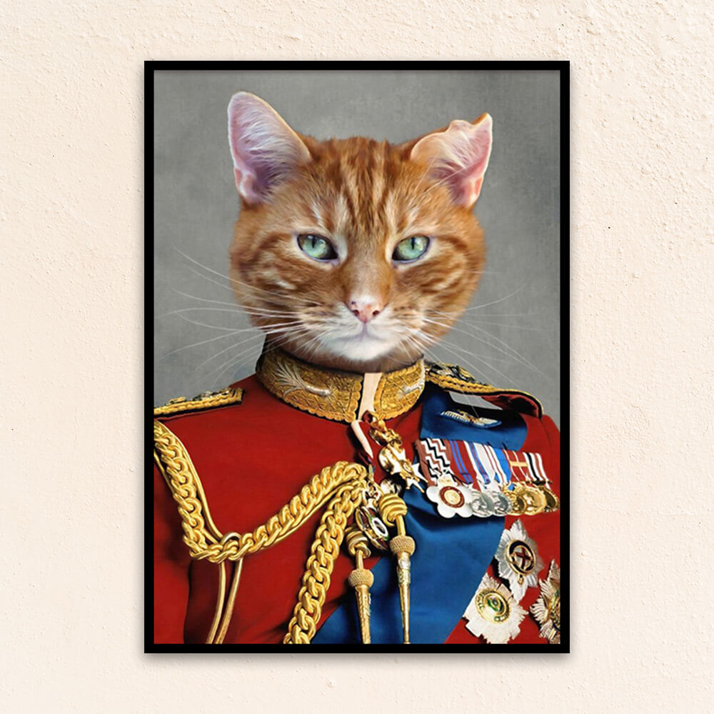 Custom royal pet portrait wall art. Tabby orange cat wearing a regal red English military suit.