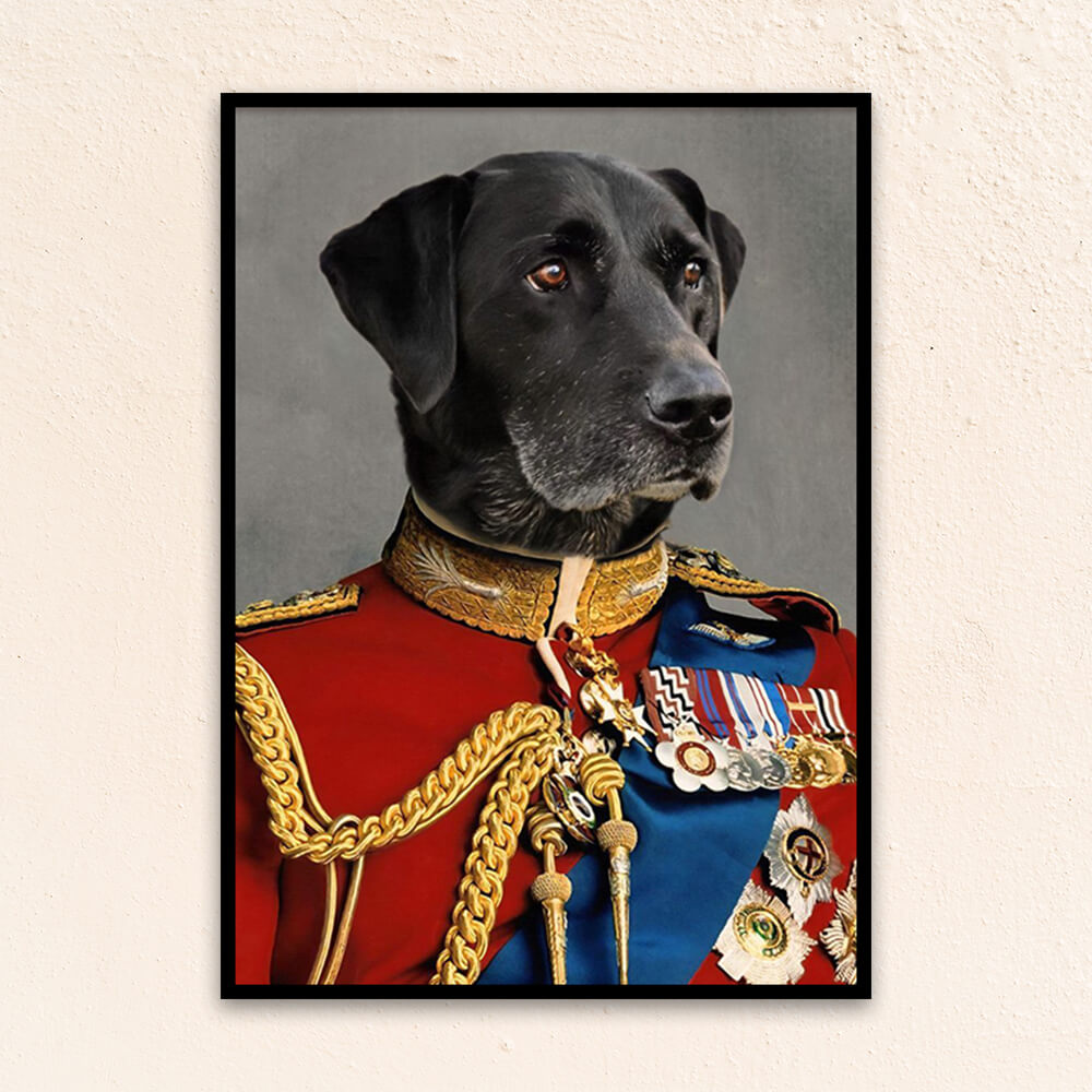 Custom royal pet portrait wall art. Labrador dog wearing a regal red English military suit.